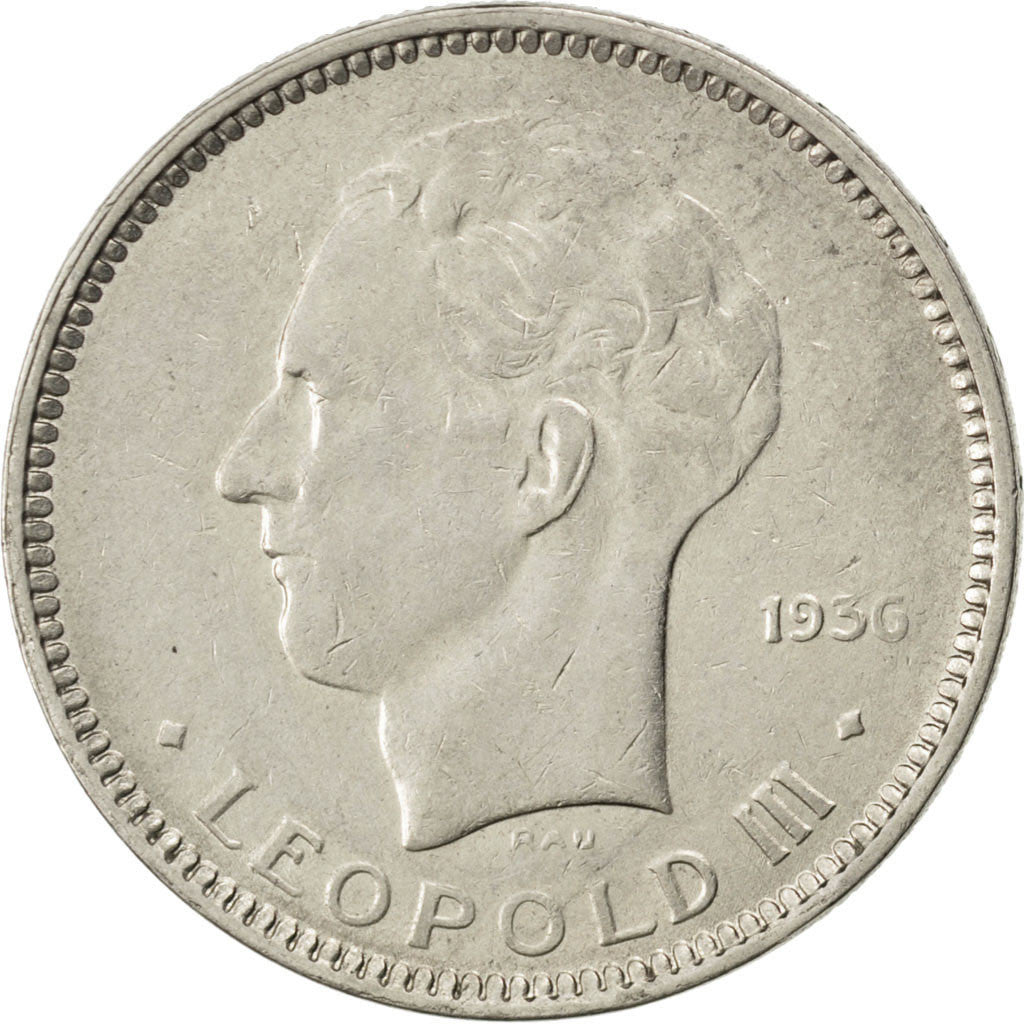 BELGIUM, 5 Francs, 5 Frank, 1936, KM #109.1, EF(40-45), Nickel, 31, 11.94