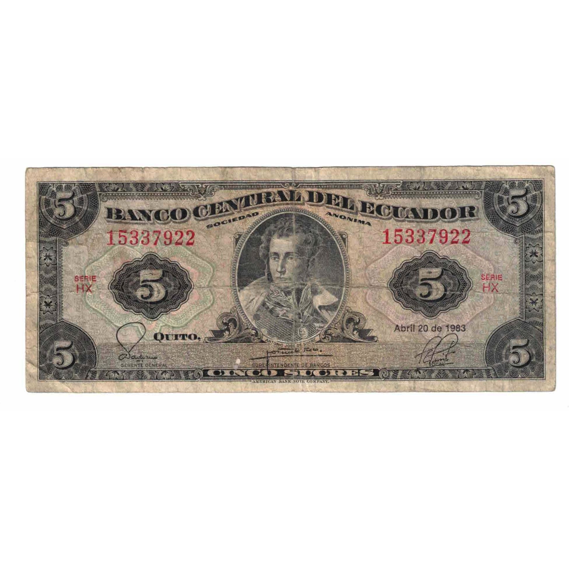 Banknote, Ecuador, 5 Sucres, 1983, 1983-04-20, KM:113c, VF(20-25)
