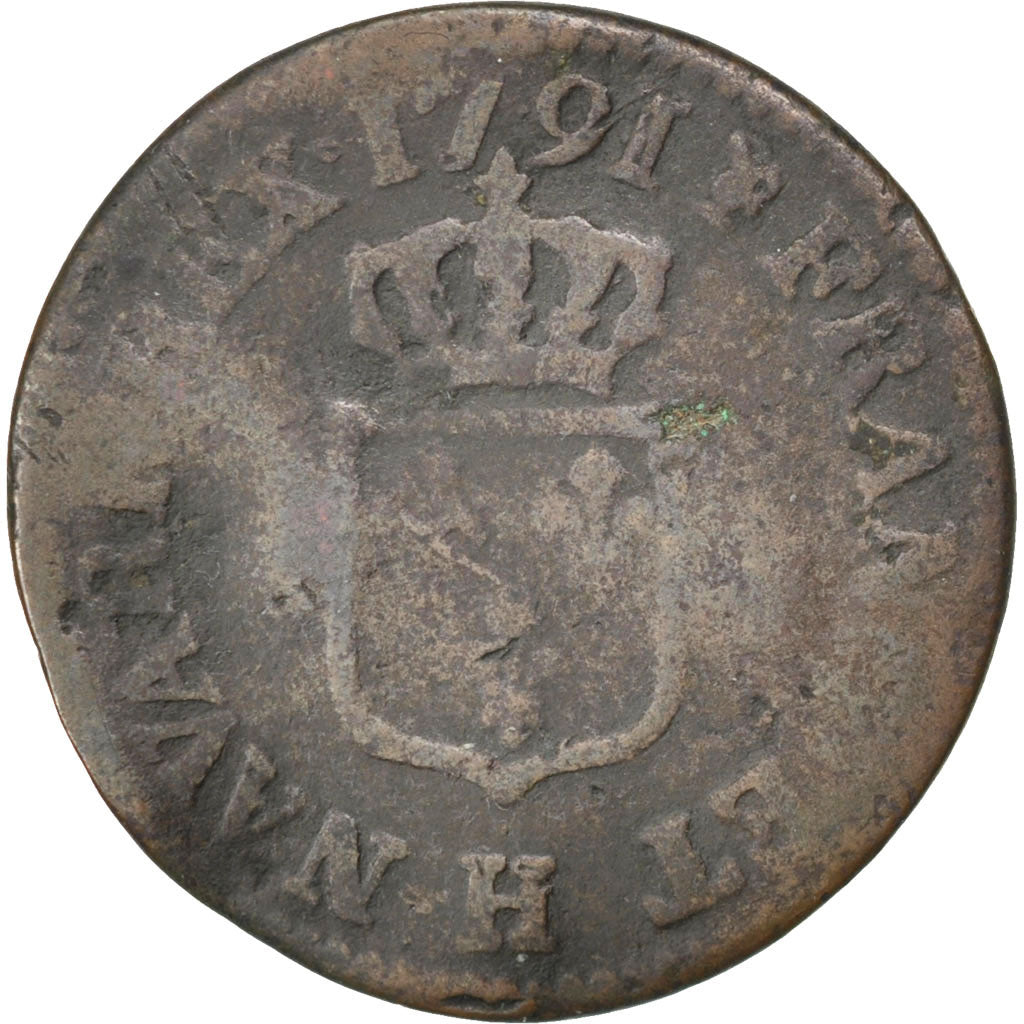 FRANCE, Liard, Liard, 1791, La Rochelle, KM #585.6, VF(20-25), Copper, Gadoury..
