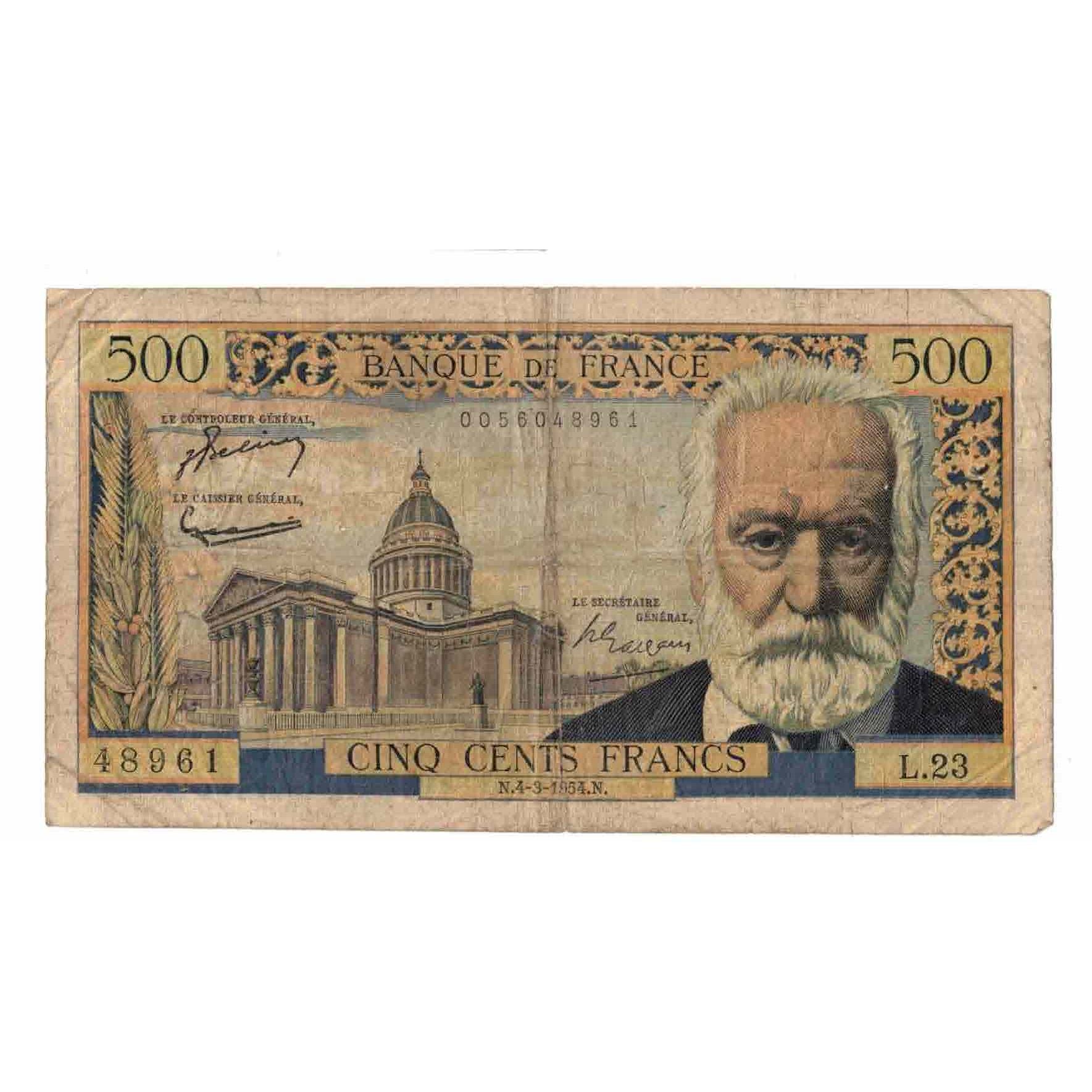 France, 500 Francs, Victor Hugo, 1954, L.23, TB, Fayette:35.2, KM:133a