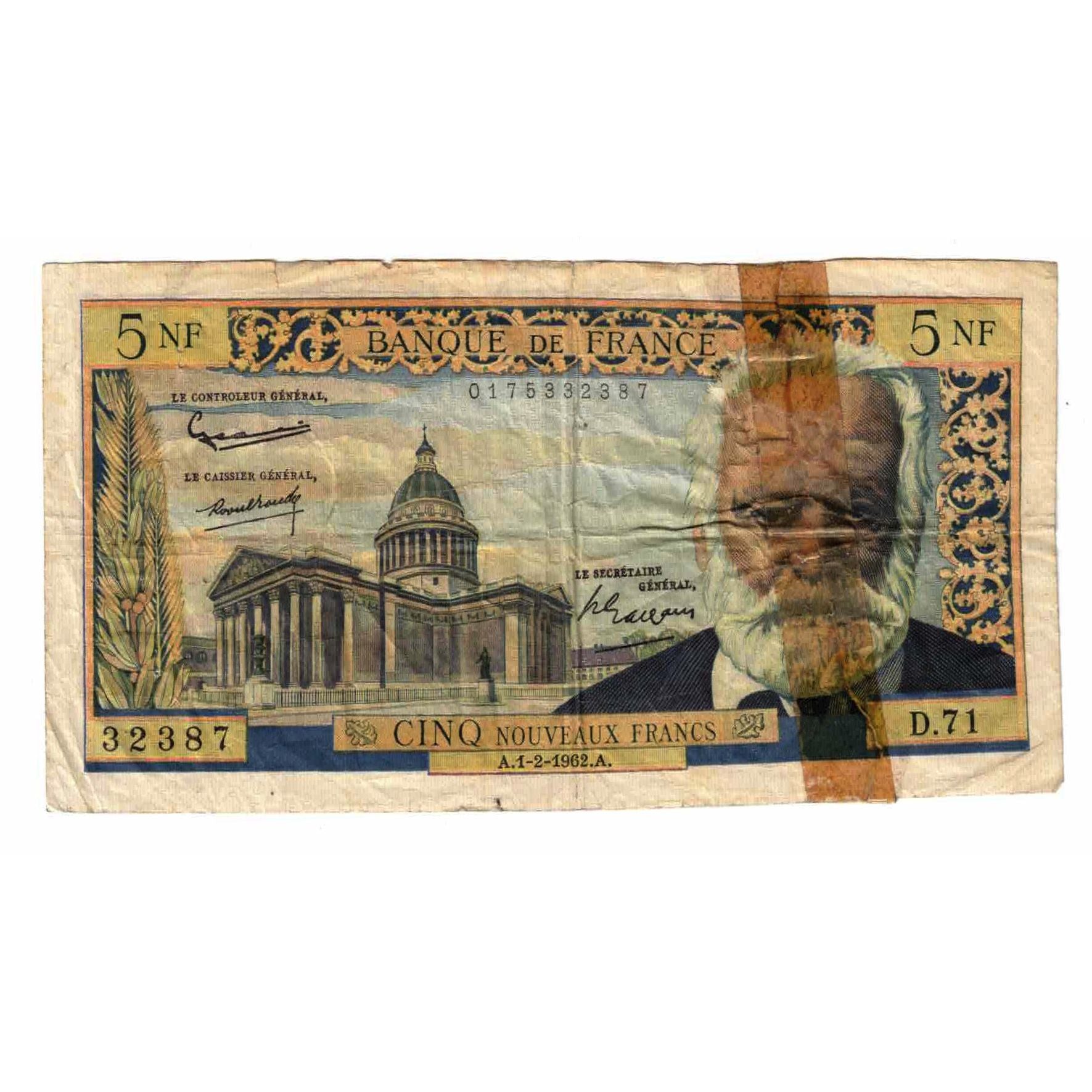 France, 5 Nouveaux Francs, Victor Hugo, 1962, D.71, B, Fayette:56.6, KM:141a