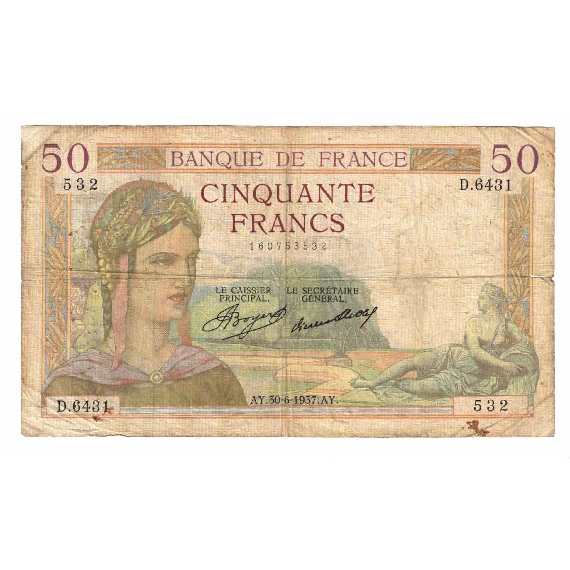 Francja, 50 Francs, Cérès, 1937, D.6431, VG(8-10), Fayette:17.40, KM:81