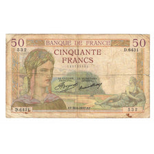 Francja, 50 Francs, Cérès, 1937, D.6431, VG(8-10), Fayette:17.40, KM:81
