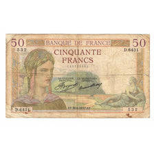France, 50 Francs, Cérès, 1937, D.6431, VG(8-10), Fayette:17.40, KM:81