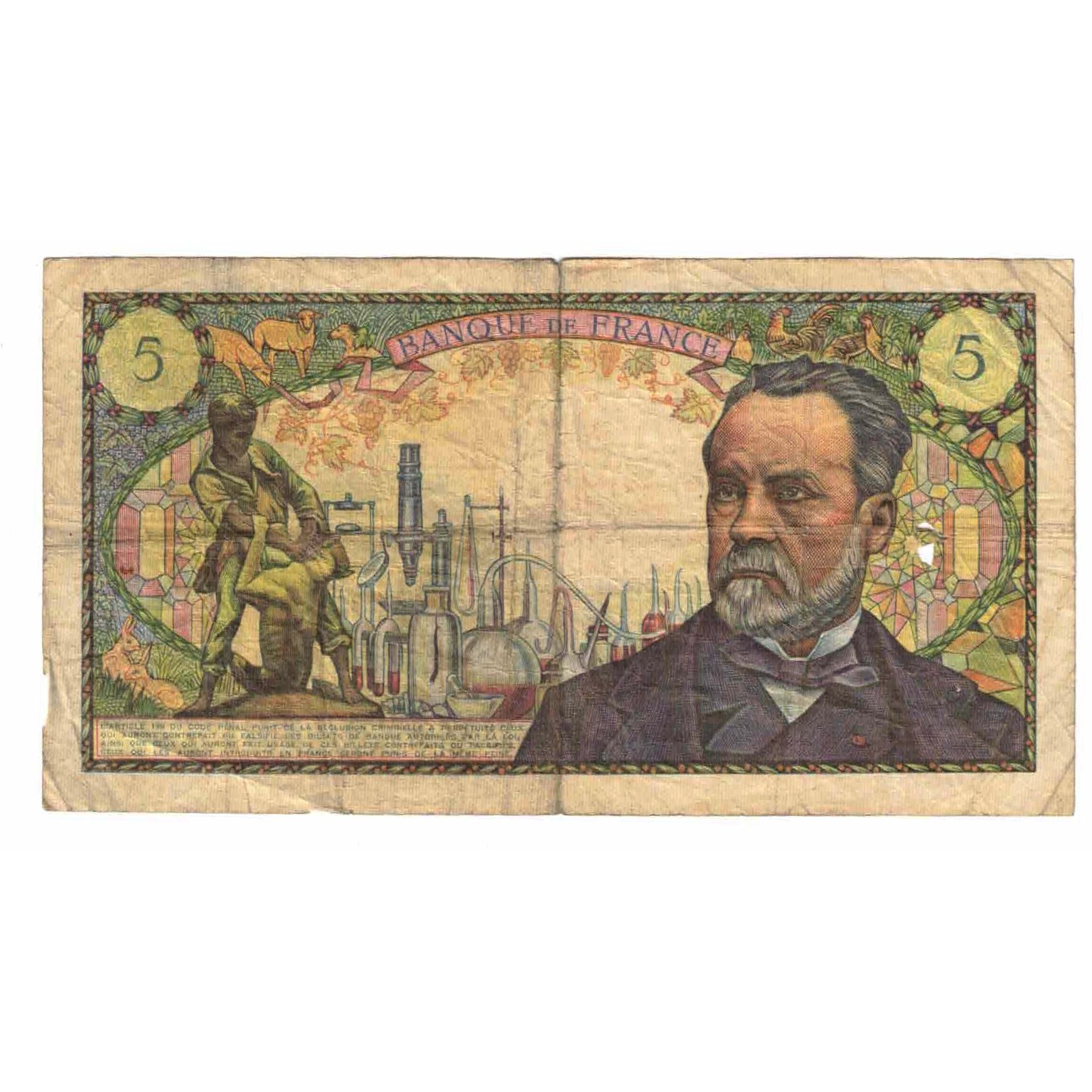 France, 5 Francs, Pasteur, 1966, Z.27, VG(8-10), Fayette:61.3, KM:146a