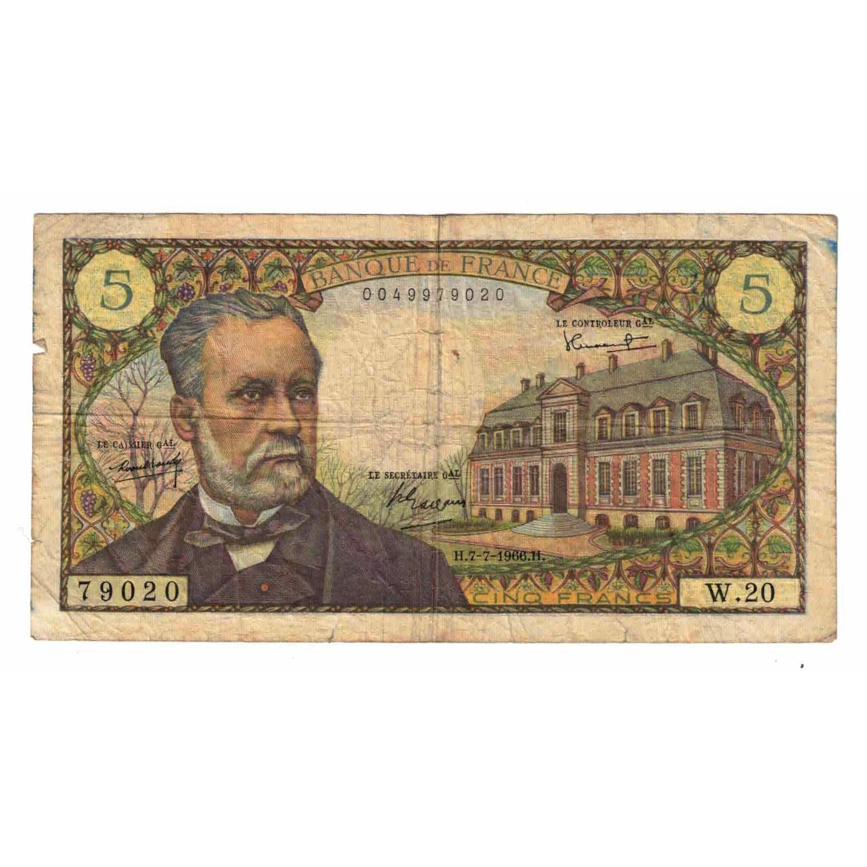 France, 5 Francs, Pasteur, 1966, W.20, VG(8-10), Fayette:F61.02, KM:146a