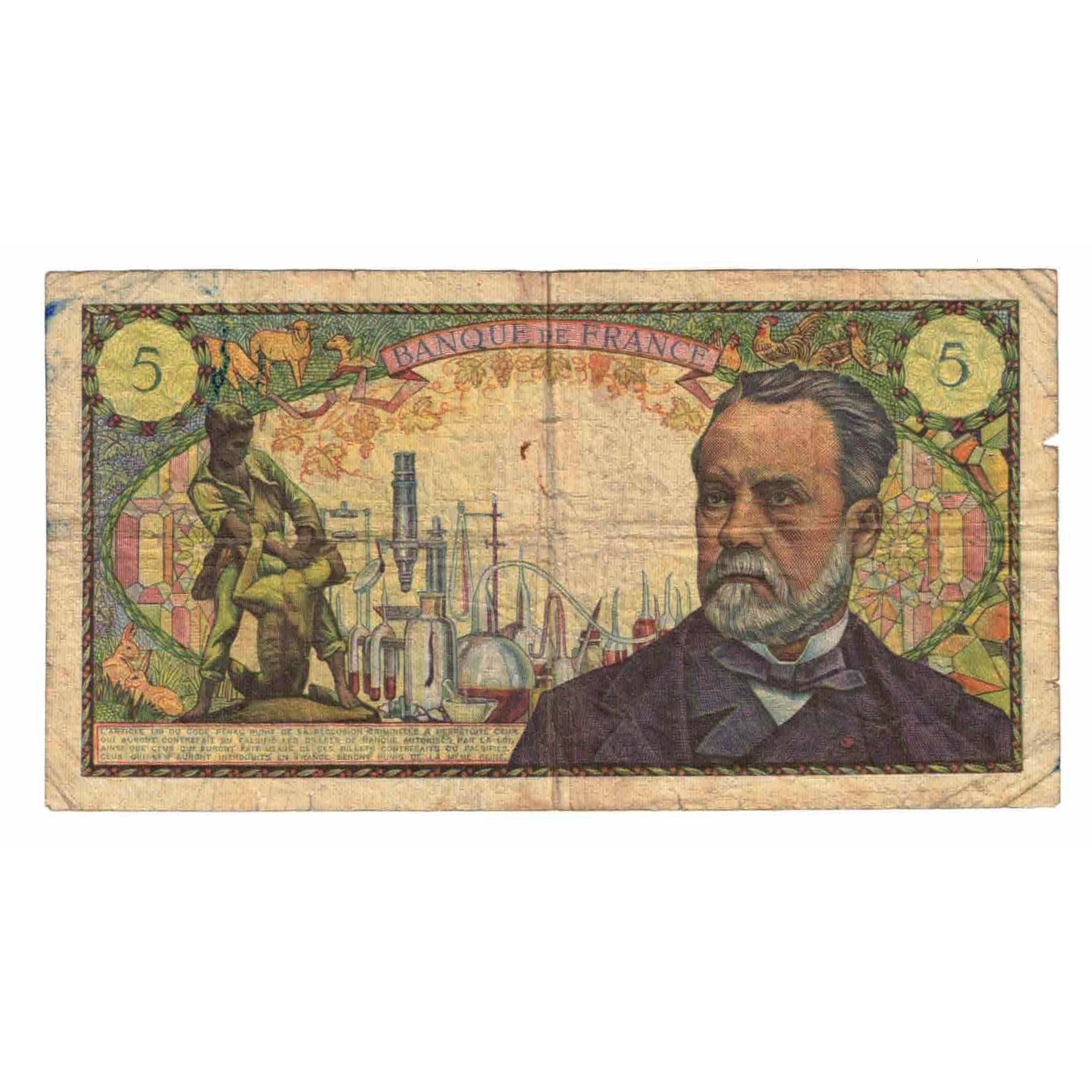 France, 5 Francs, Pasteur, 1966, W.20, VG(8-10), Fayette:F61.02, KM:146a