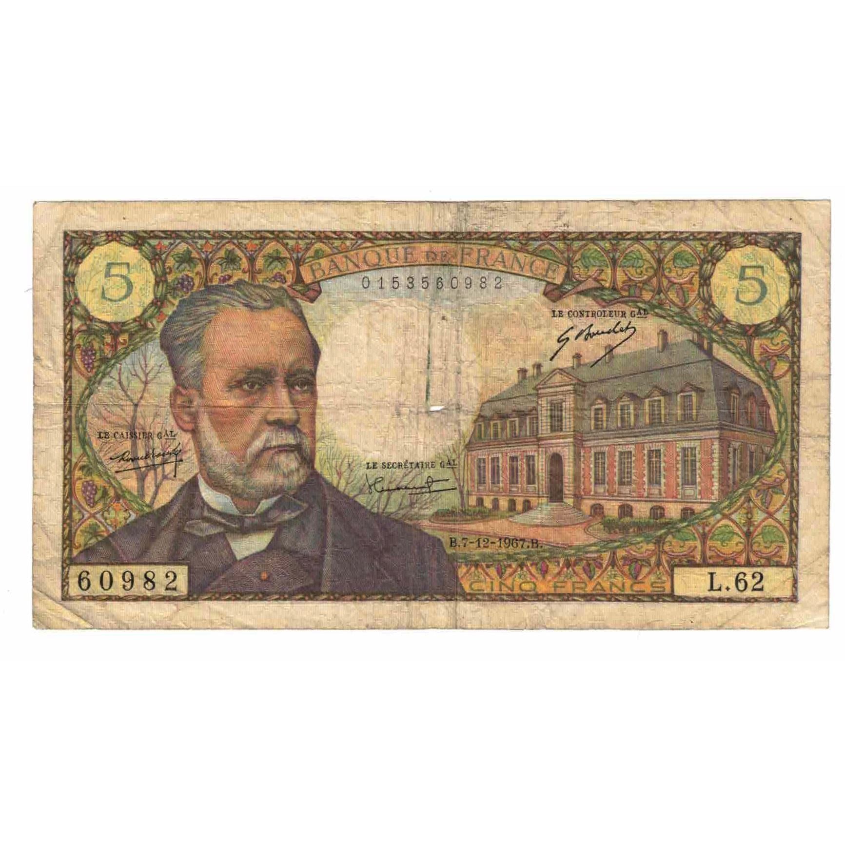 France, 5 Francs, Pasteur, 1967, L.62, VG(8-10), Fayette:61.6, KM:146b