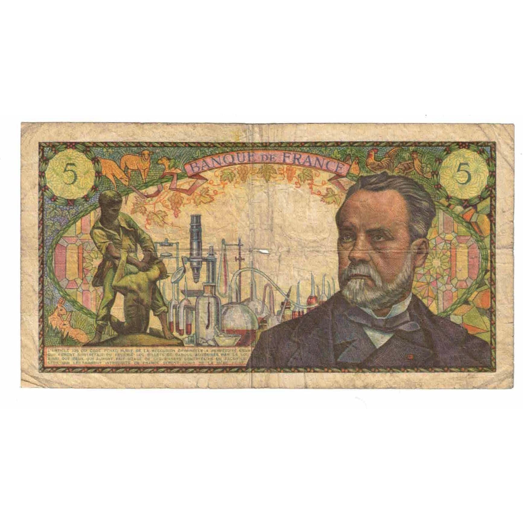 France, 5 Francs, Pasteur, 1967, L.62, VG(8-10), Fayette:61.6, KM:146b