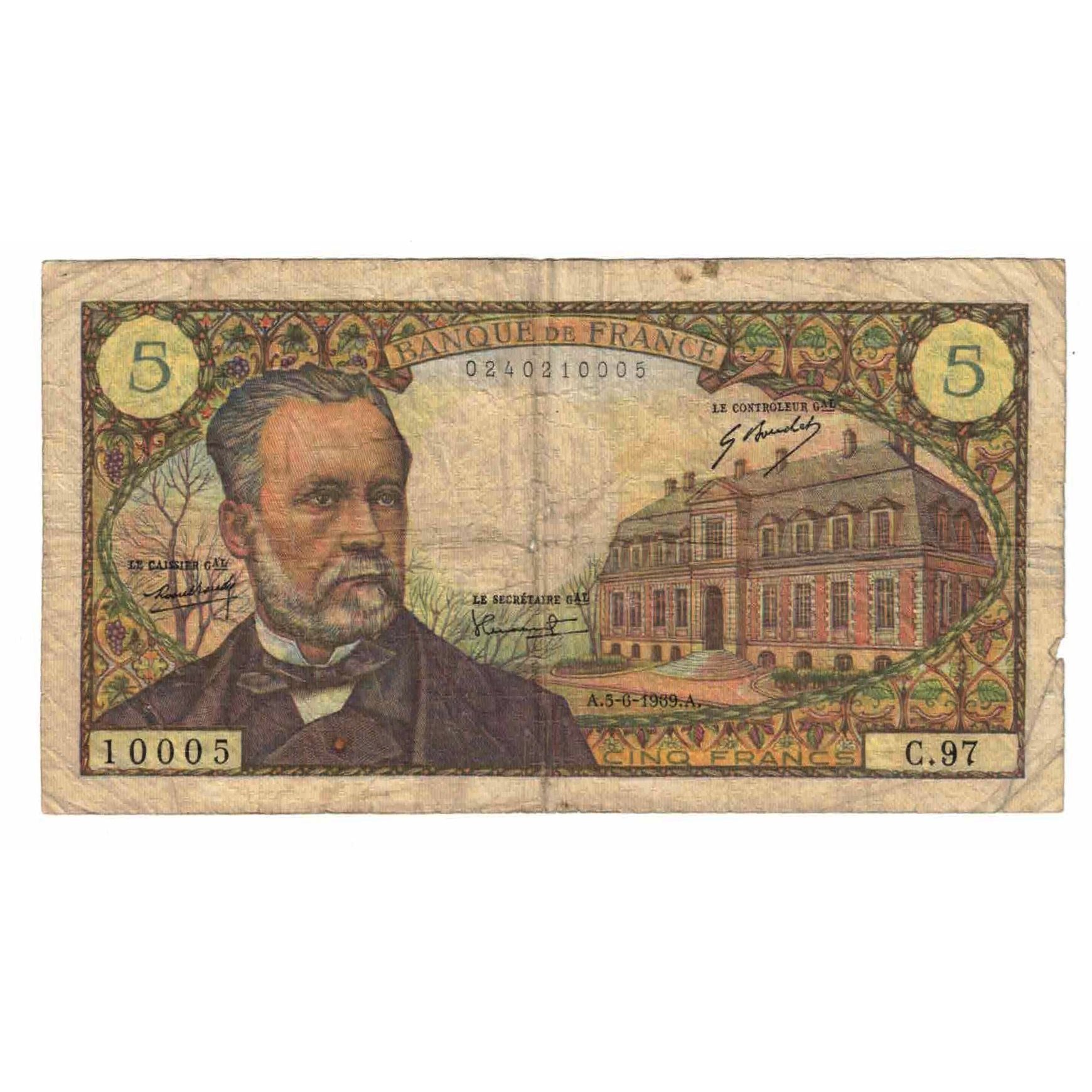 France, 5 Francs, Pasteur, 1969, C.97, VG(8-10), Fayette:61.10, KM:146b