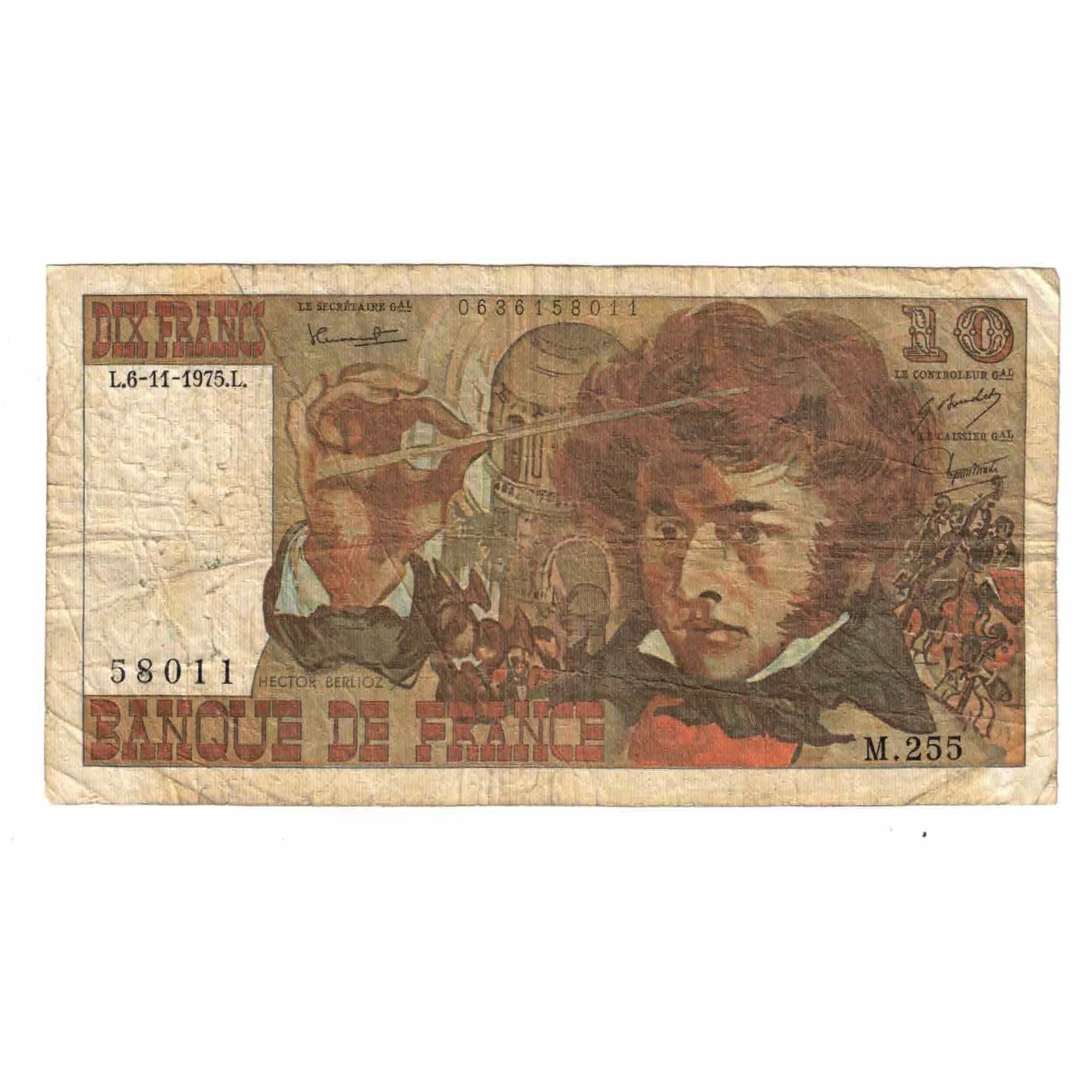 France, 10 Francs, Berlioz, 1975, M.255, VG(8-10), Fayette:63.14, KM:150b