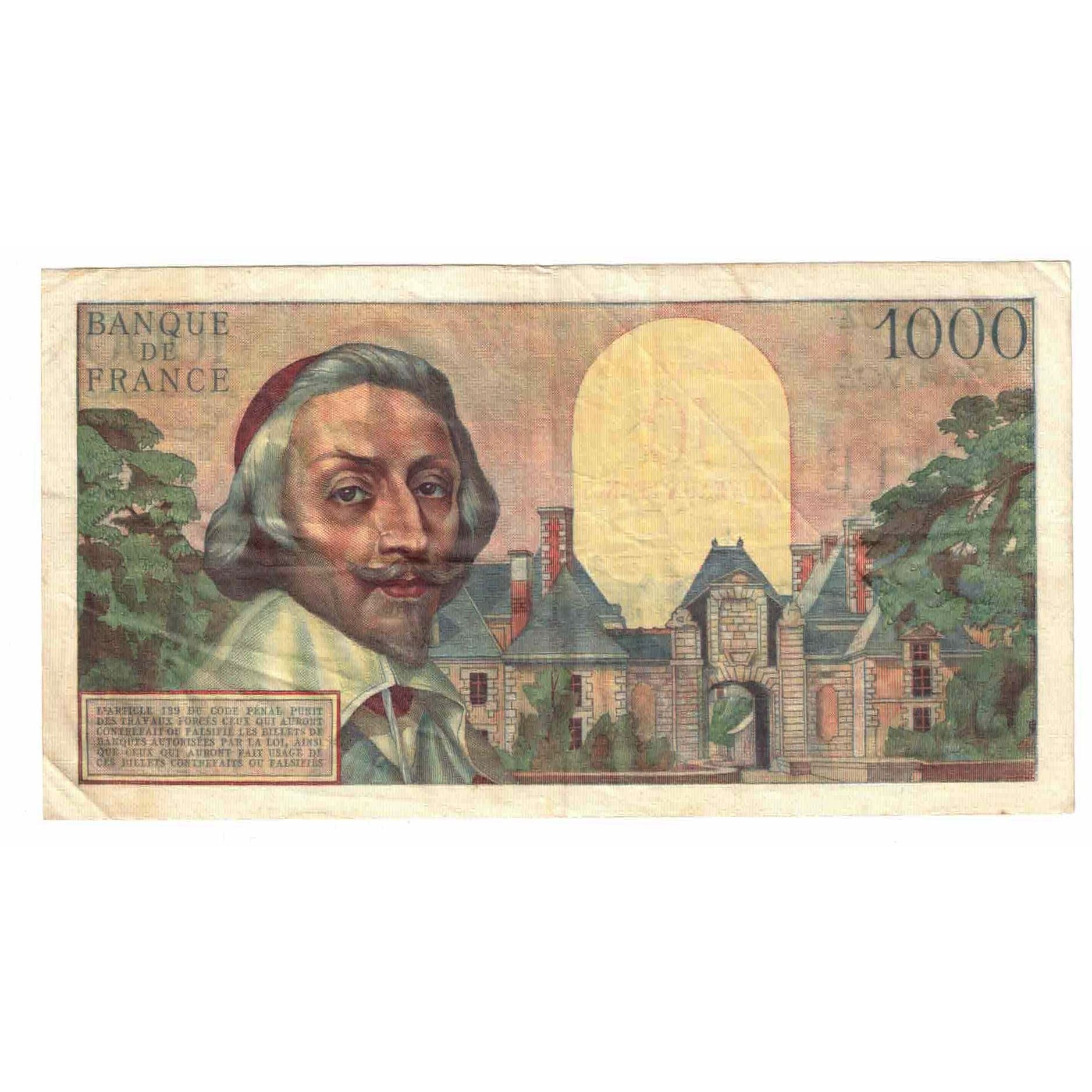 France, 10 Nouveaux Francs on 1000 Francs, 1955-1959 Overprinted with ''Nouveaux