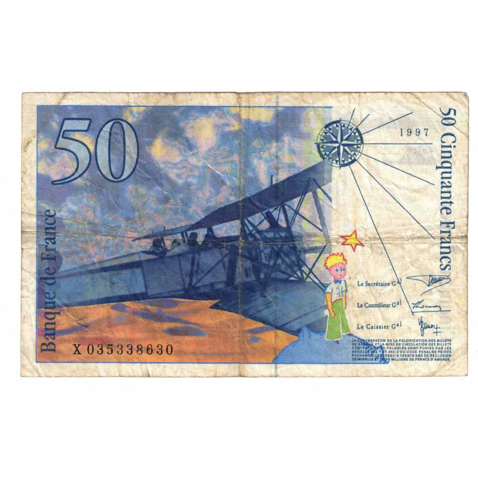 France, 50 Francs, St Exupéry, 1997, X.035, VG(8-10), Fayette:73.4, KM:157Ab