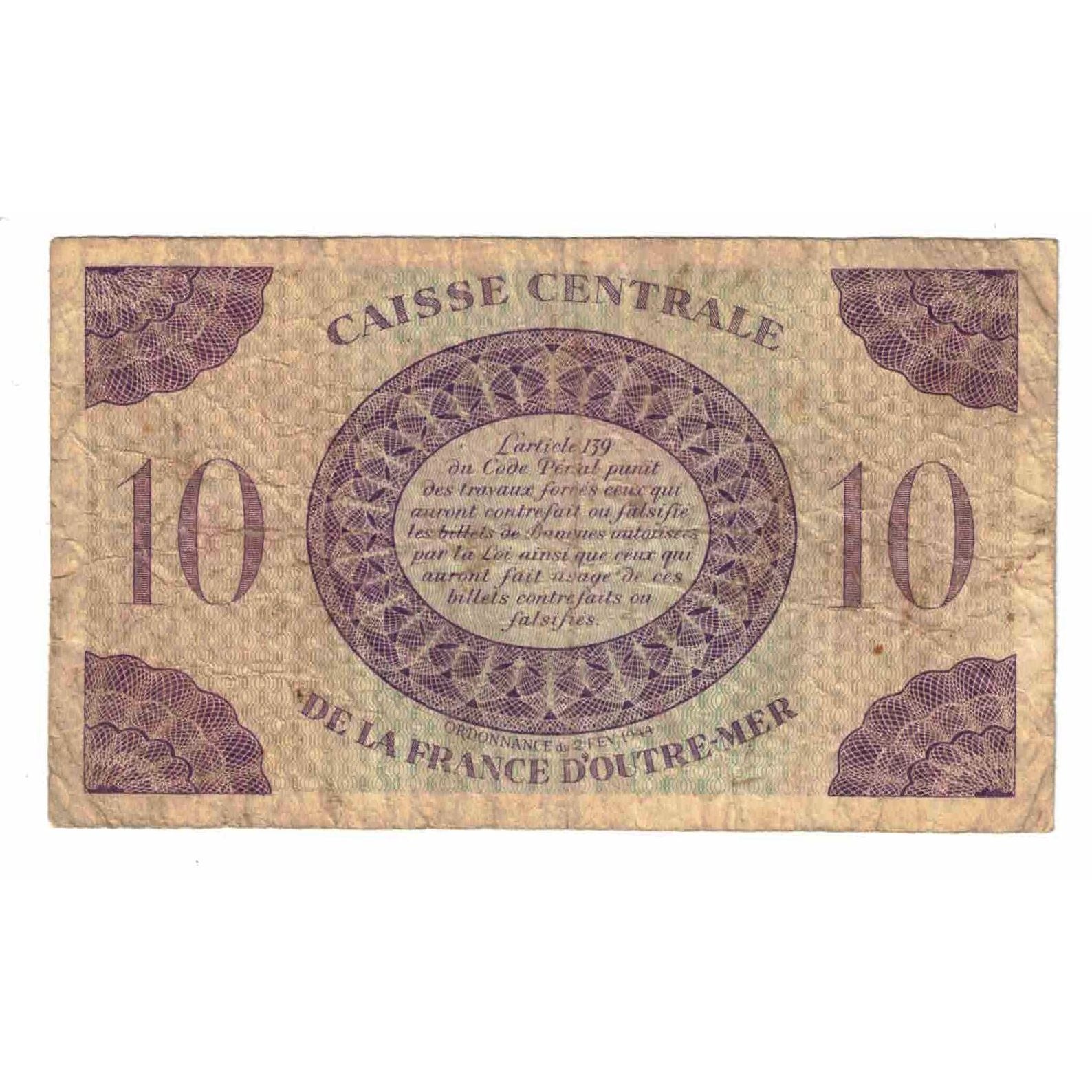 Banknote, Guadeloupe, 10 Francs, 1944, 1944-2-2, KM:27A, VF(20-25)