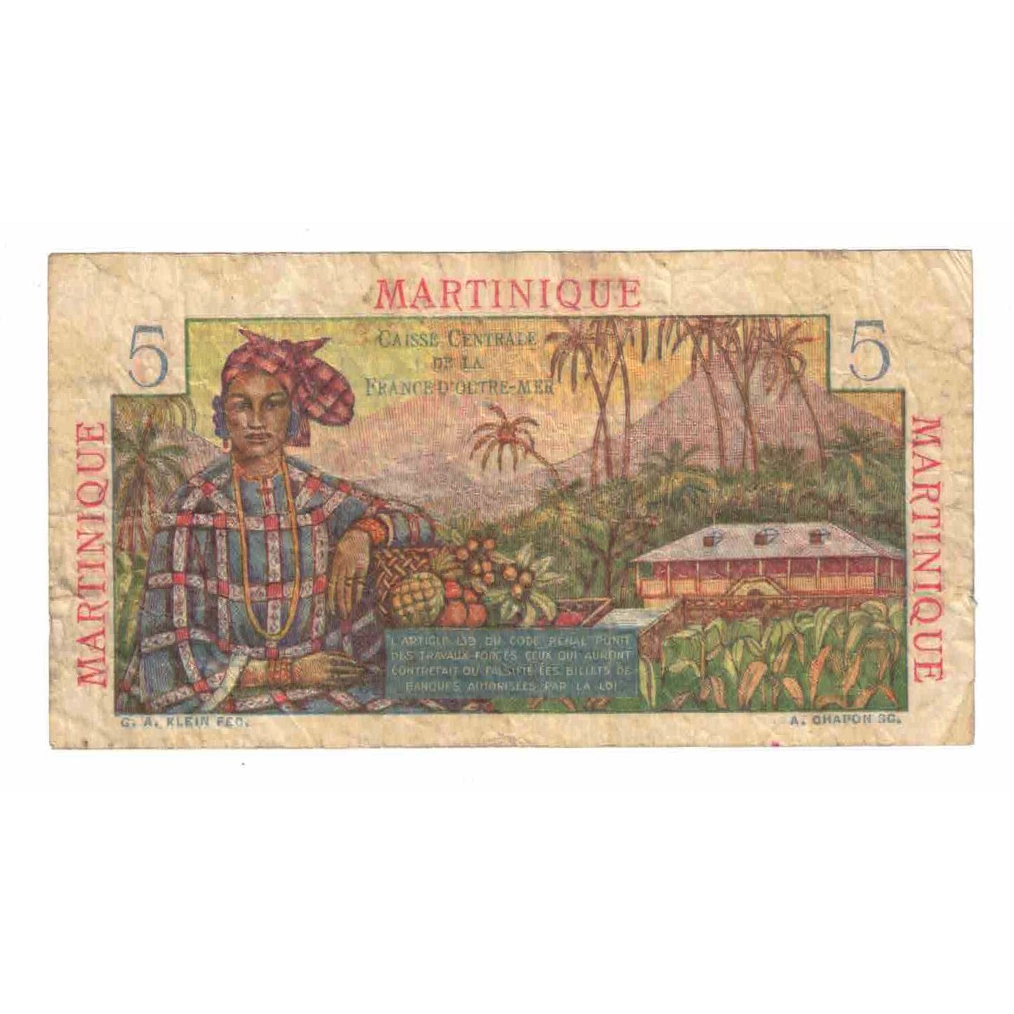 Banknote, Martinique, 5 Francs, 1947-1949, KM:27A, VF(20-25)