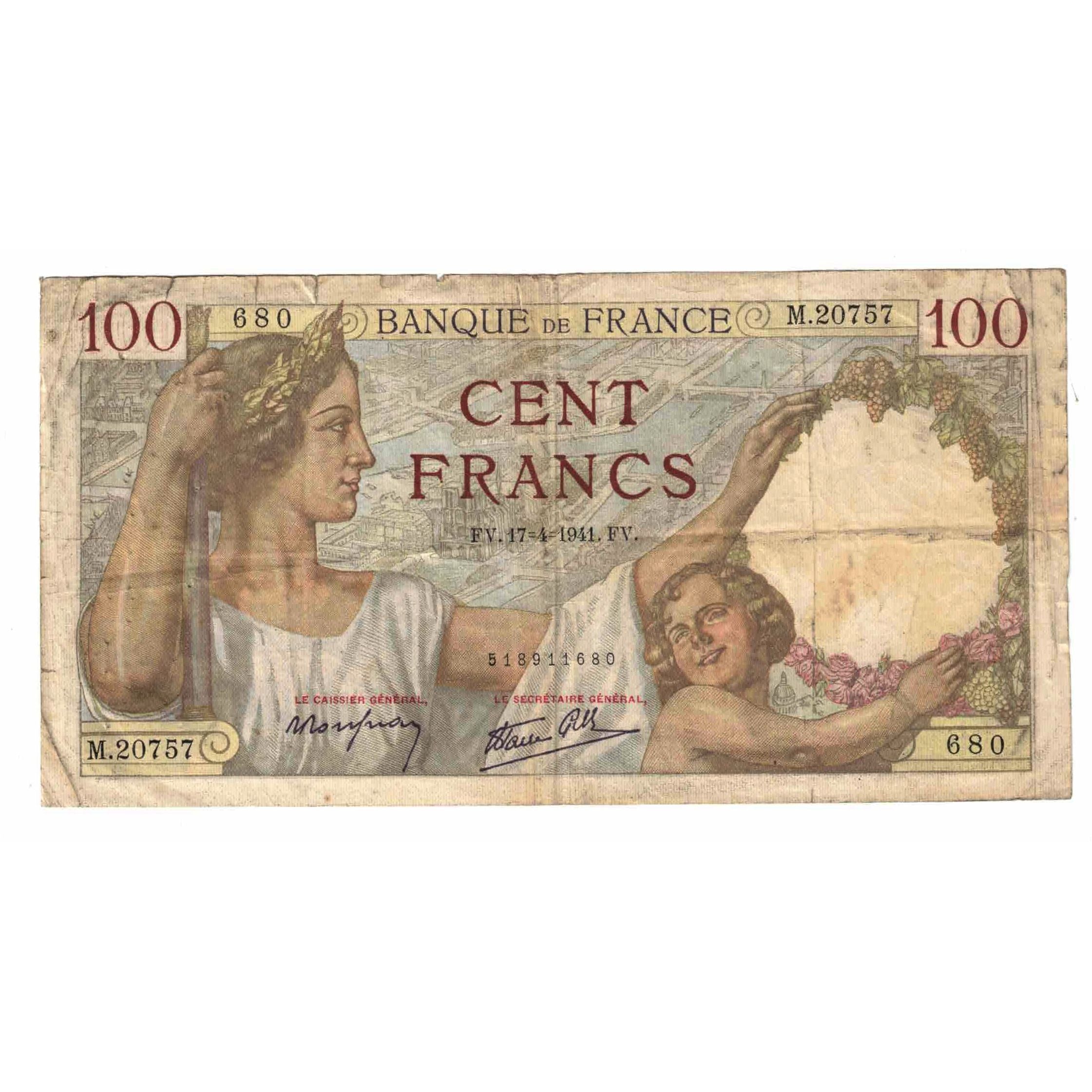 France, 100 Francs, Sully, 1941, M.20757, B, Fayette:26.50, KM:94