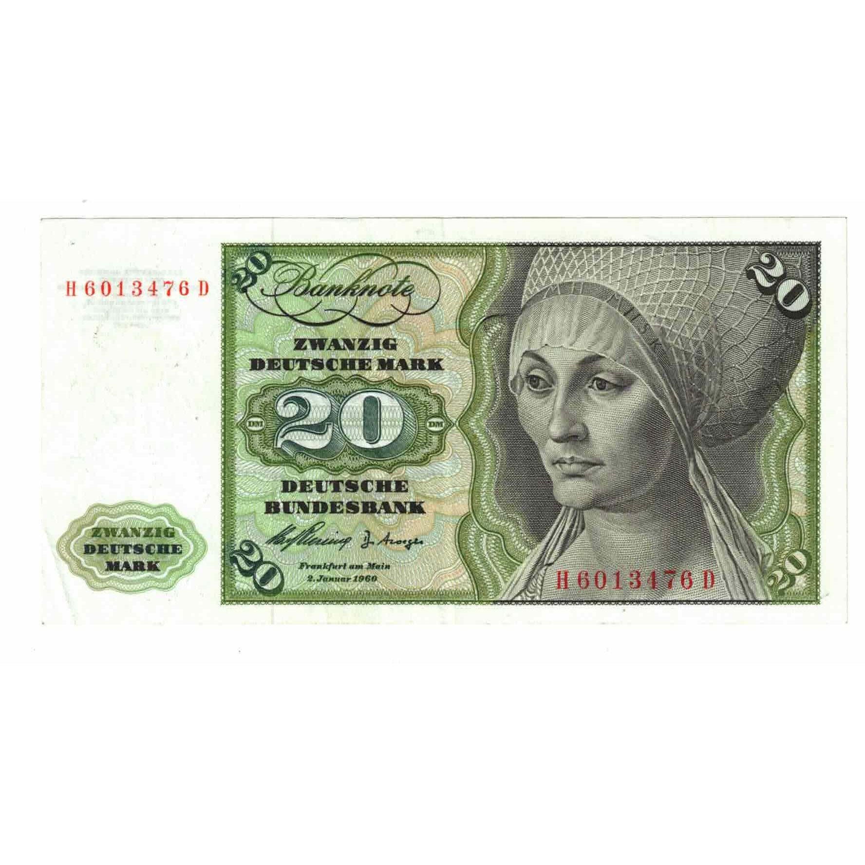 Billet, République fédérale allemande, 20 Deutsche Mark, 1960, 1960-01-02