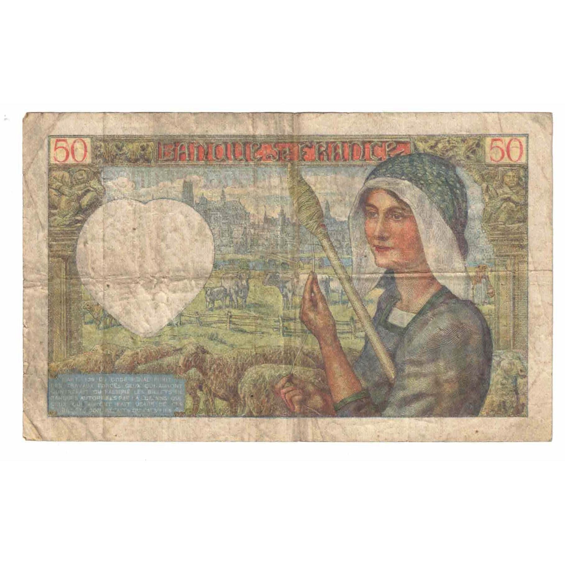 France, 50 Francs, Jacques Coeur, 1942, O.156, VF(20-25), Fayette:19.18, KM:93