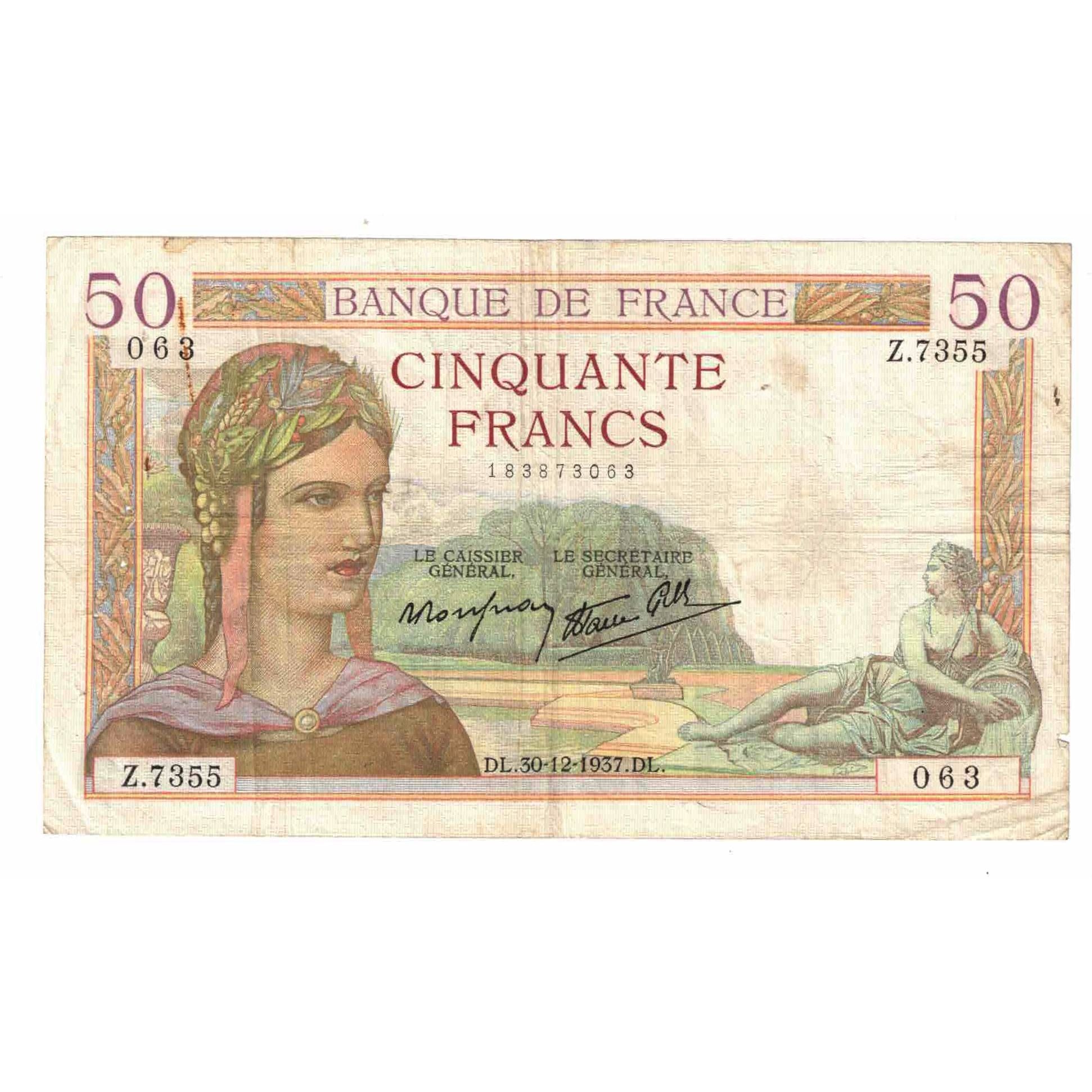 France, 50 Francs, Cérès, 1937, Z.7355, VF(20-25), Fayette:18.06, KM:85b