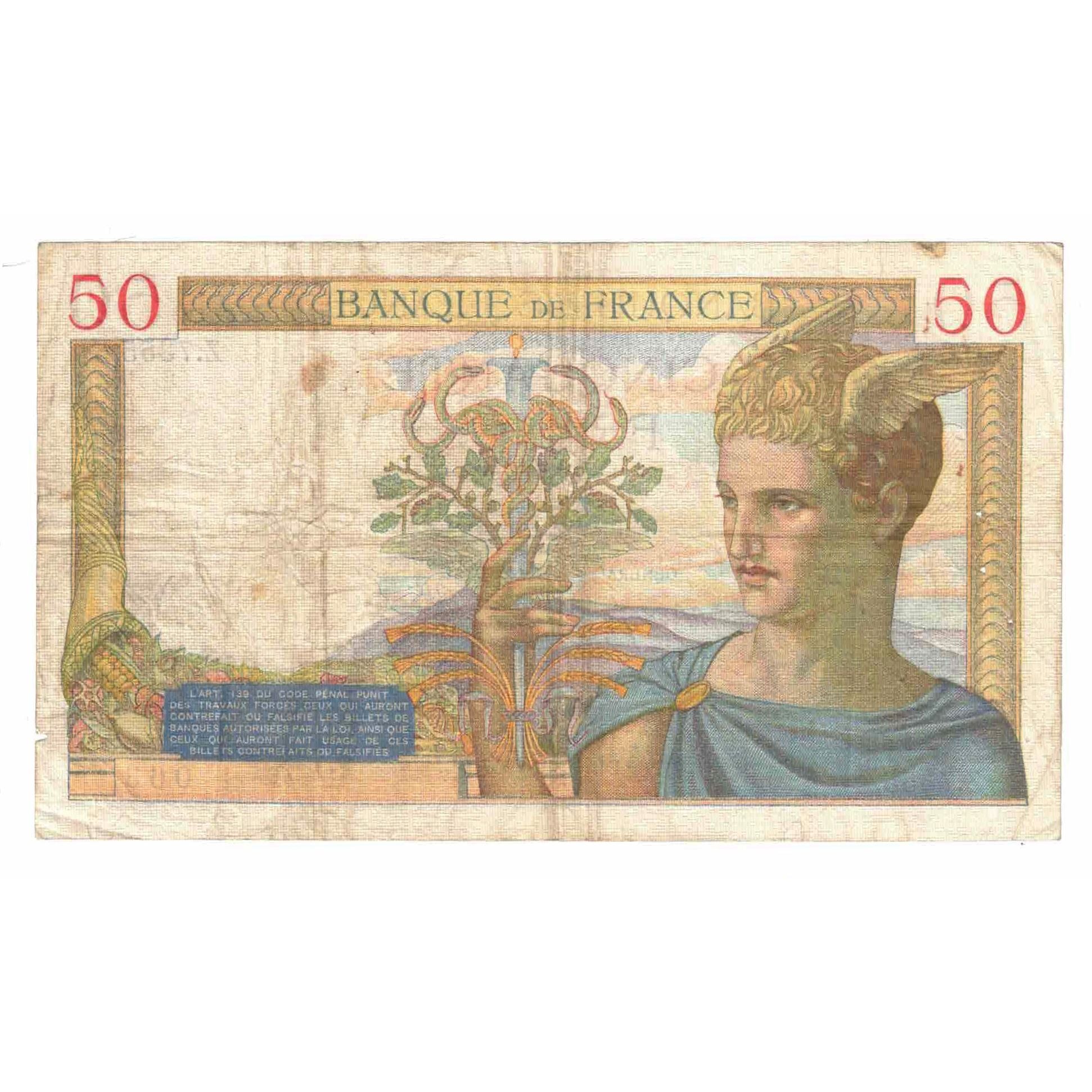 France, 50 Francs, Cérès, 1937, Z.7355, VF(20-25), Fayette:18.06, KM:85b