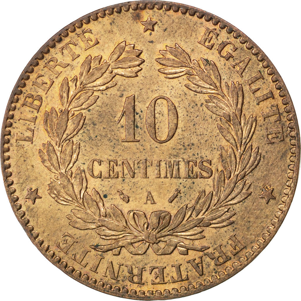 FRANCE, 10 Centimes, 1890, Paris, KM #815.1, AU(55-58), Bronze, Gadoury #265a,..
