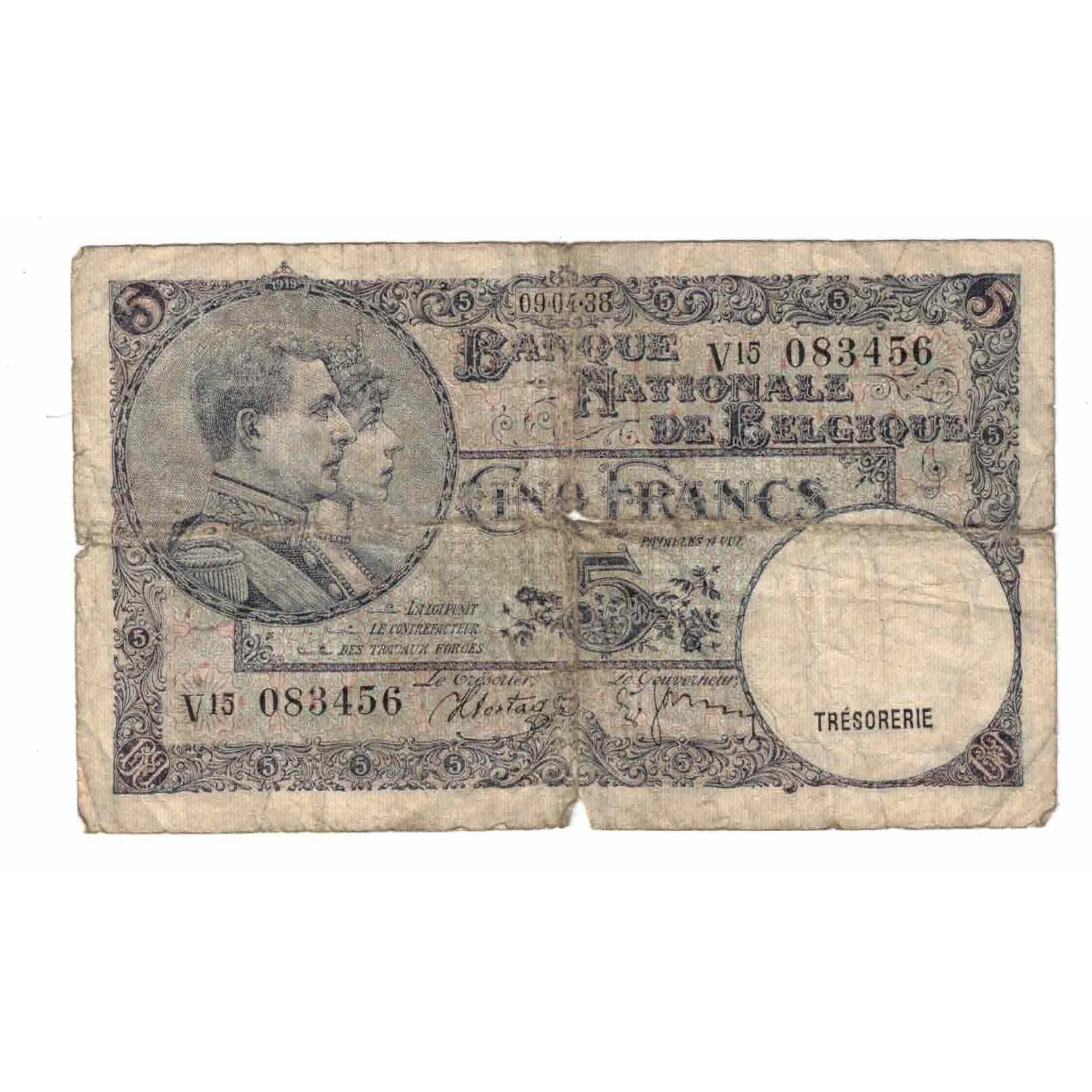 Banknote, Belgium, 5 Francs, 1938, 1938-04-09, KM:108a, AG(1-3)