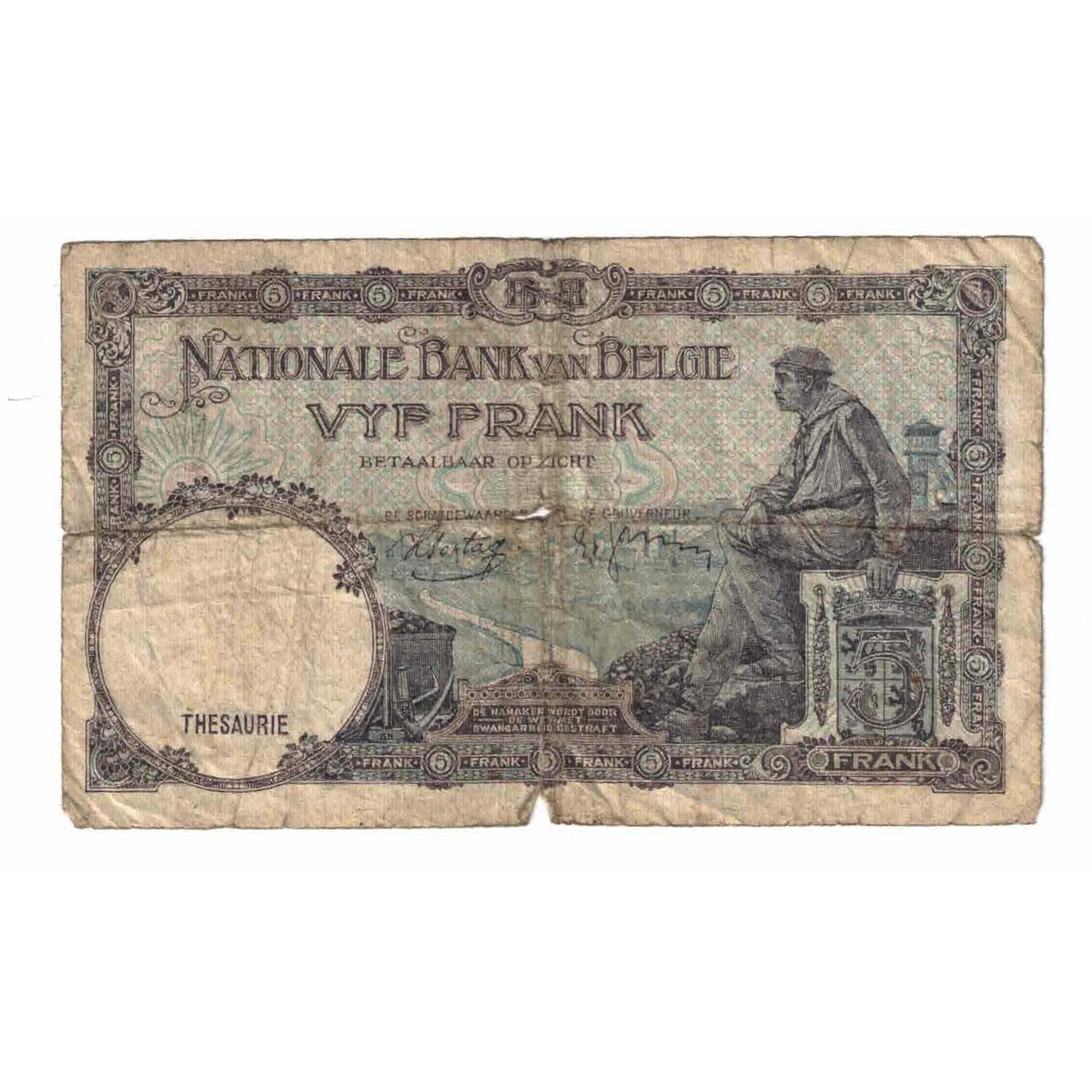 Banknote, Belgium, 5 Francs, 1938, 1938-04-09, KM:108a, AG(1-3)