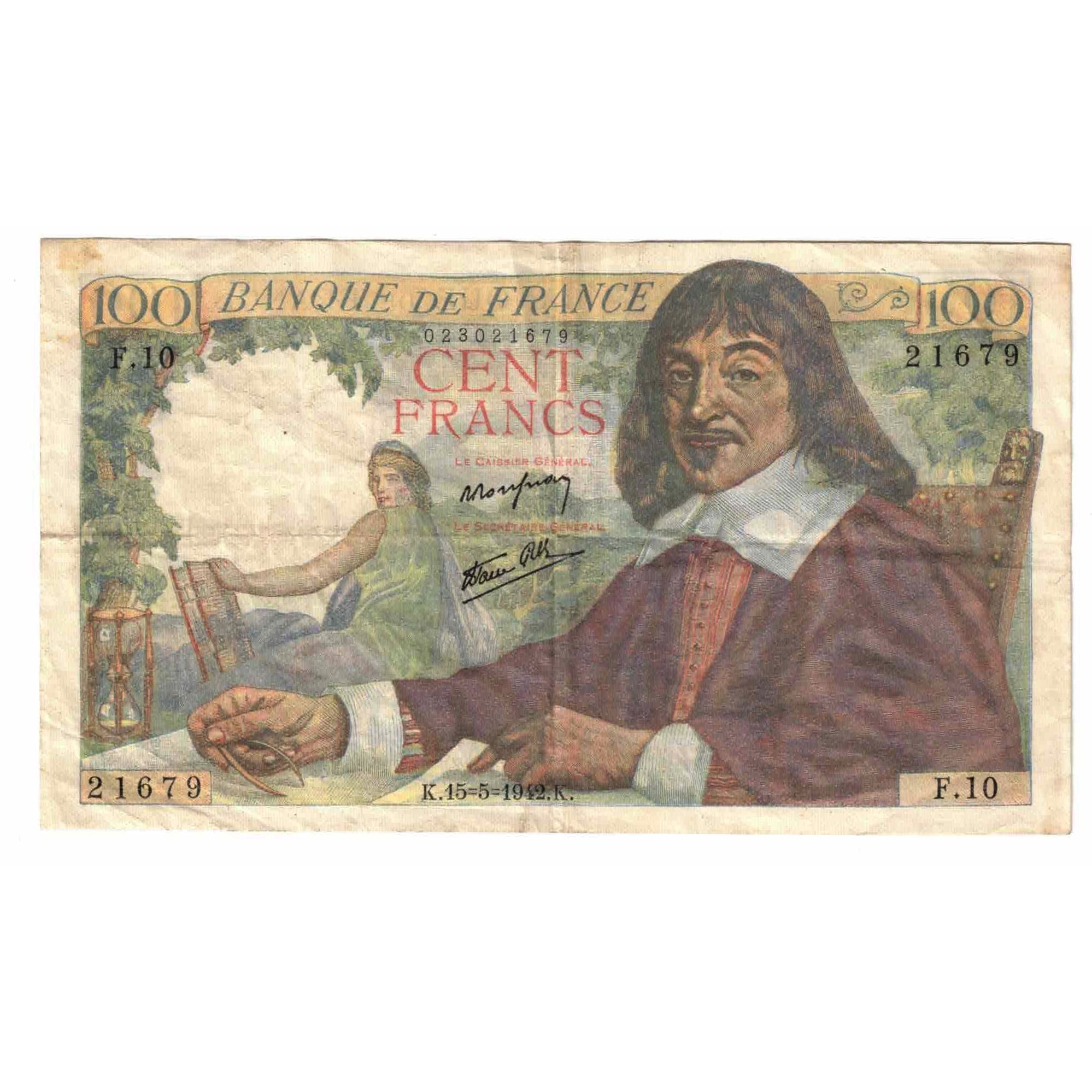 France, 100 Francs, Descartes, 1942, F.10, VF(30-35), Fayette:27.1, KM:101a