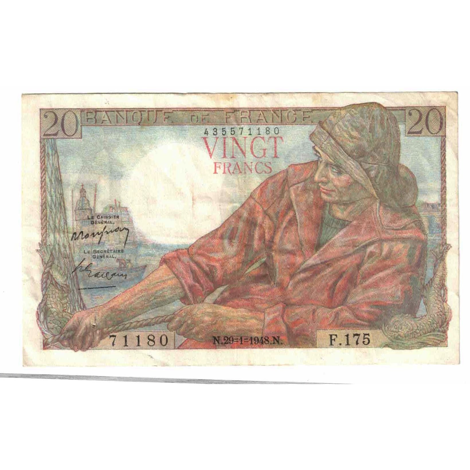 France, 20 Francs, Pêcheur, 1948, F.175, AU(50-53), Fayette:13.12, KM:100c