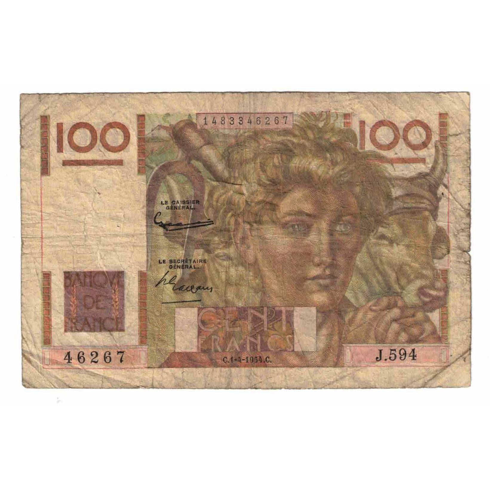 France, 100 Francs, Jeune Paysan, 1954, J.594, B, Fayette:28bis.3, KM:128e