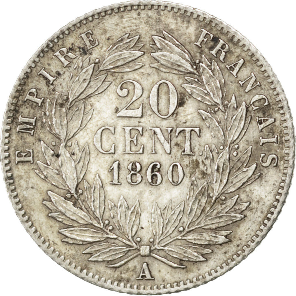 FRANCE, Napoléon III, 20 Centimes, 1860, Paris, KM #778.1, AU(55-58), Silver, 15