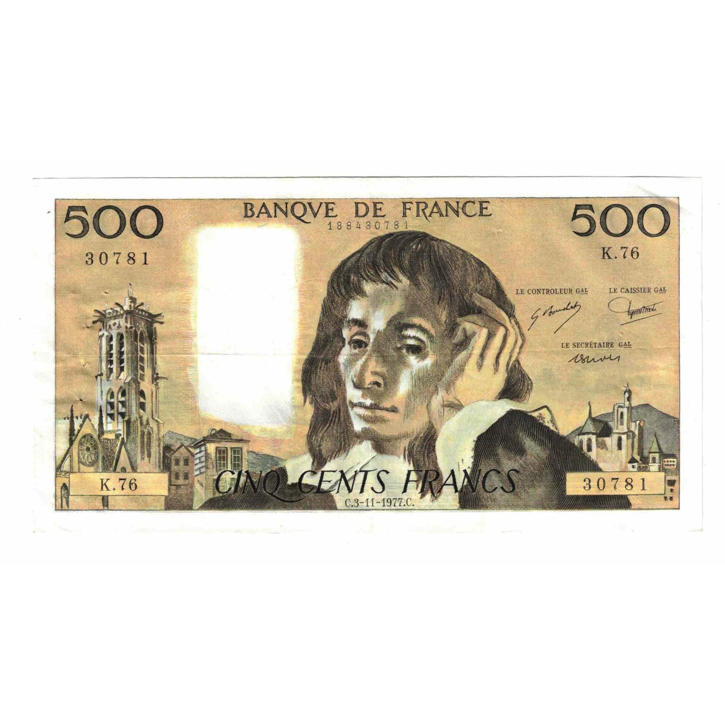 Francia, 500 Francs, Pascal, 1977, K.76, BB, Fayette:71.17, KM:156d