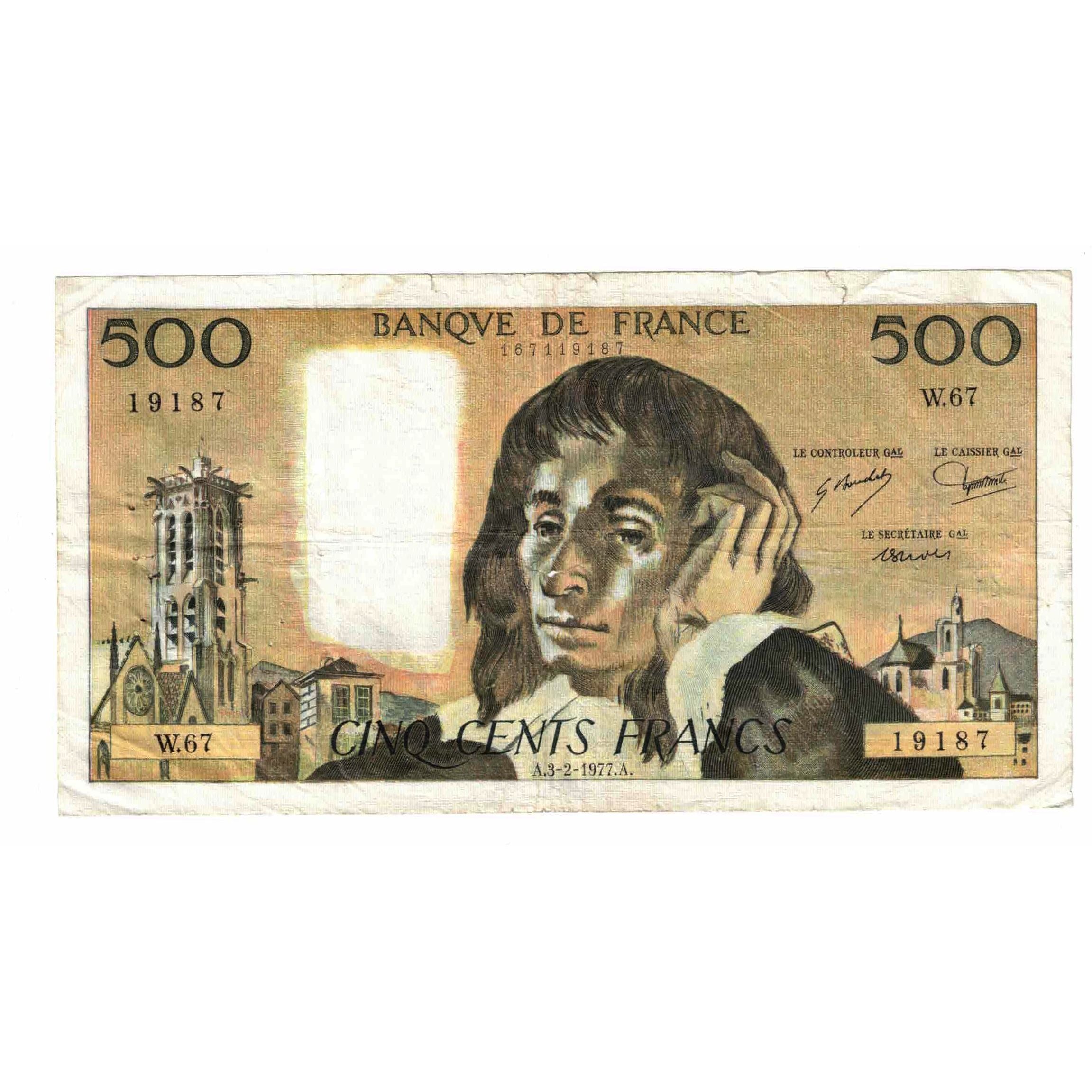 France, 500 Francs, Pascal, 1977, W.67, VF(20-25), Fayette:71.16, KM:156d