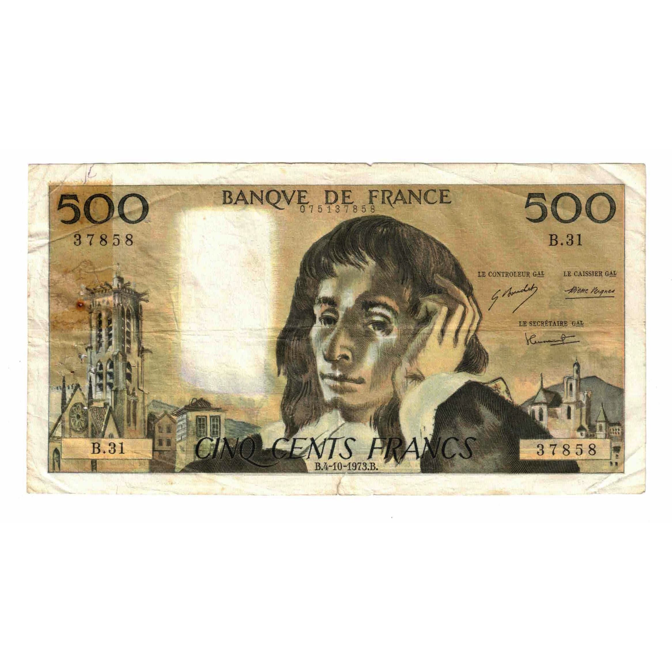 France, 500 Francs, Pascal, 1973, B.31, VG(8-10), Fayette:71.9, KM:156b