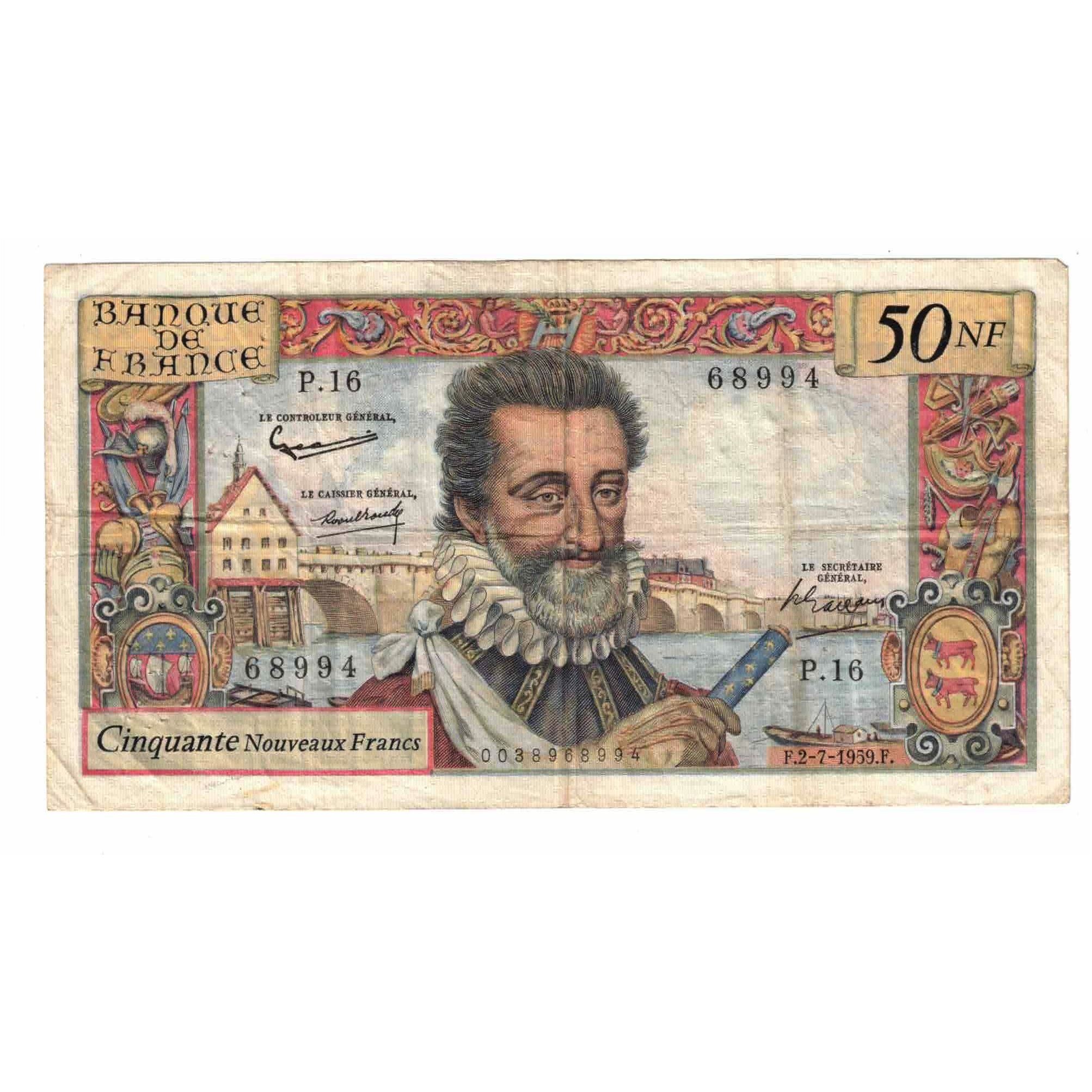 Francia, 50 Nouveaux Francs, Henri IV, 1959, P.16, MB+, Fayette:58.2, KM:143a