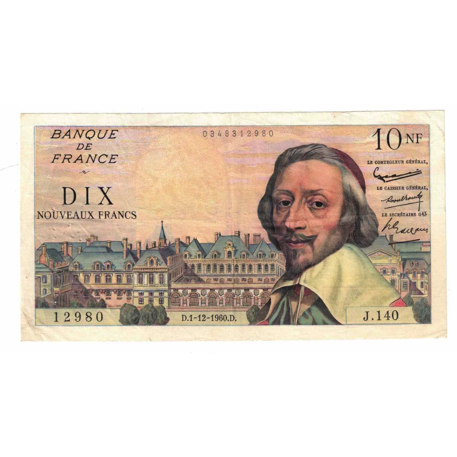 France, 10 Nouveaux Francs, Richelieu, 1960, J.140, AU(50-53), Fayette:57.12