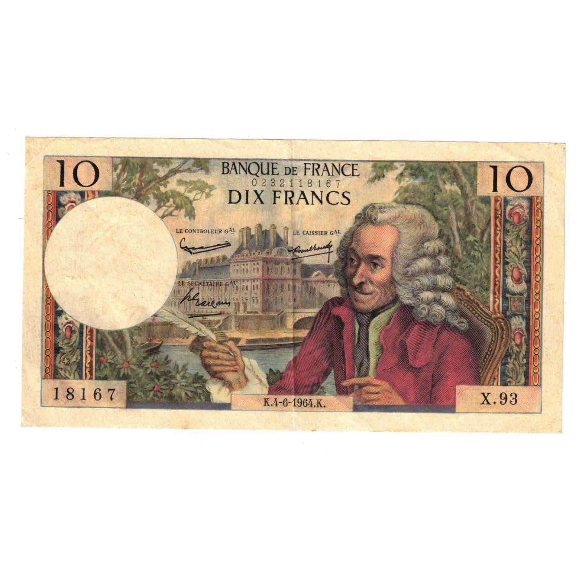 France, 10 Francs, Voltaire, 1964, X.93, EF(40-45), Fayette:F.62.09, KM:147a