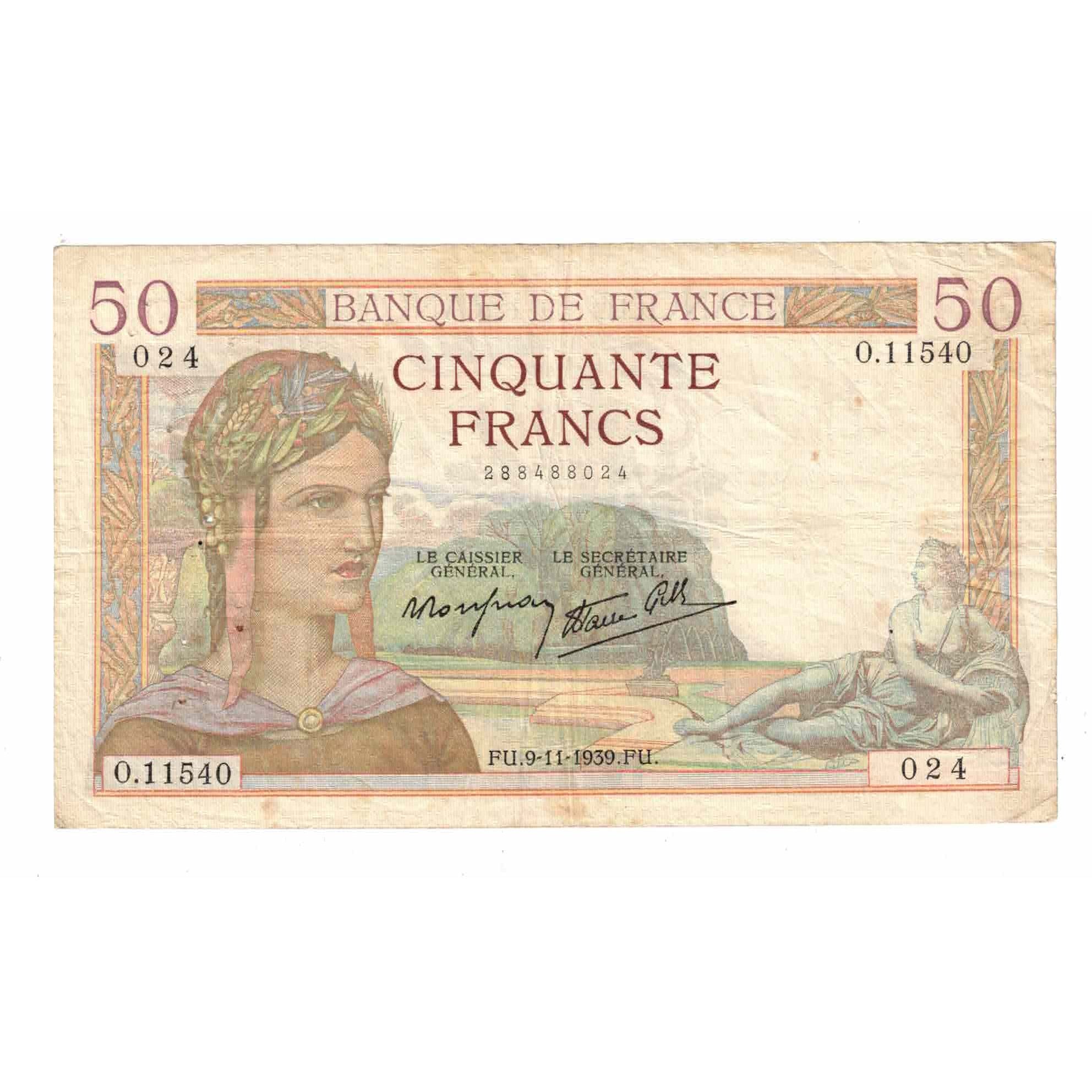 France, 50 Francs, Cérès, 1939, O.11540, TB, Fayette:18.34, KM:85b