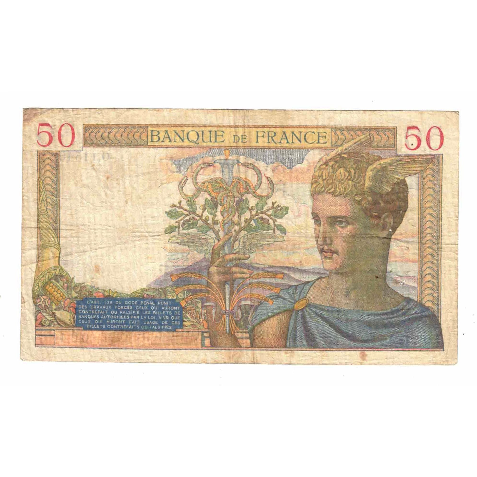 France, 50 Francs, Cérès, 1939, O.11540, TB, Fayette:18.34, KM:85b
