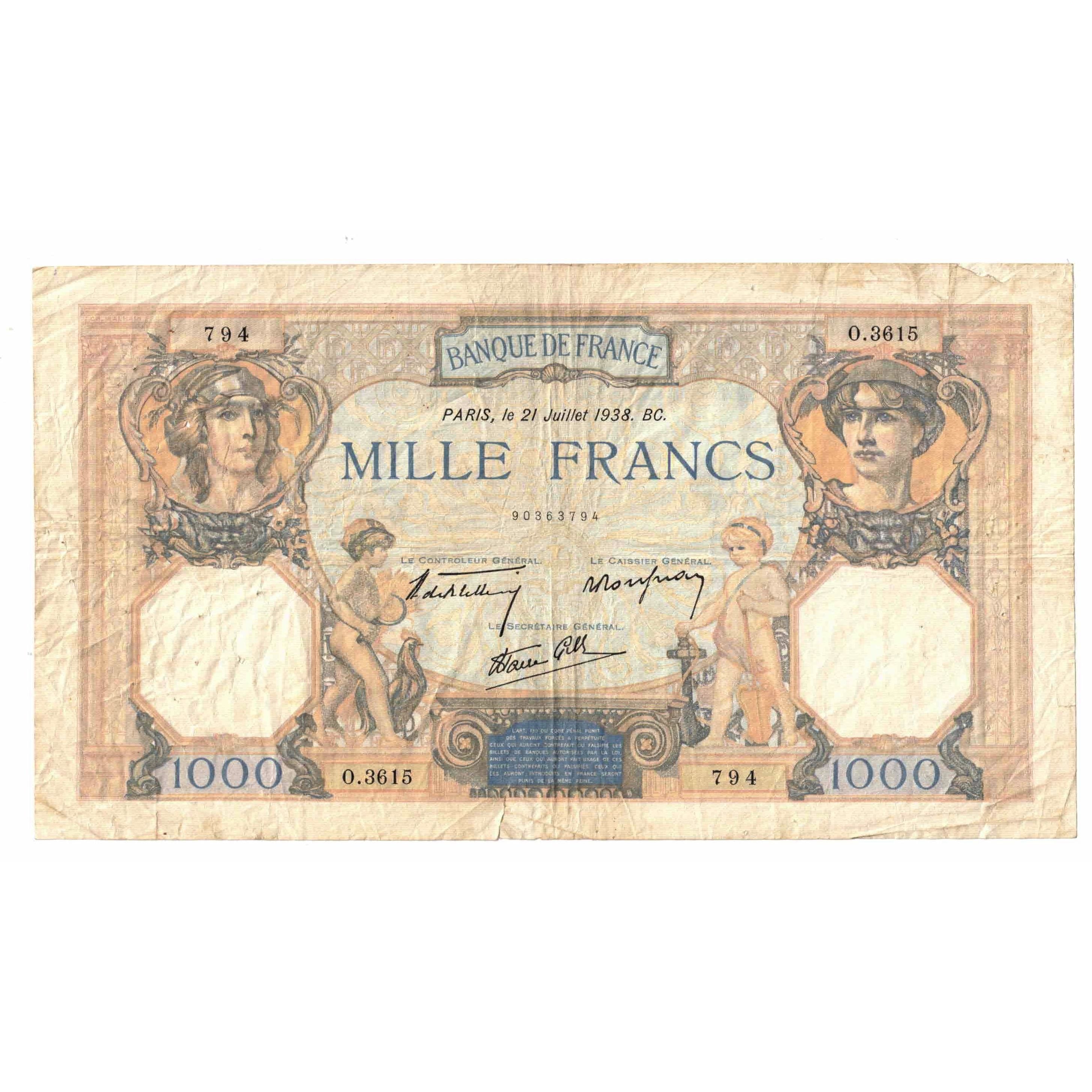 France, 1000 Francs, Cérès et Mercure, 1938, O.3615, TB+, Fayette:38.24