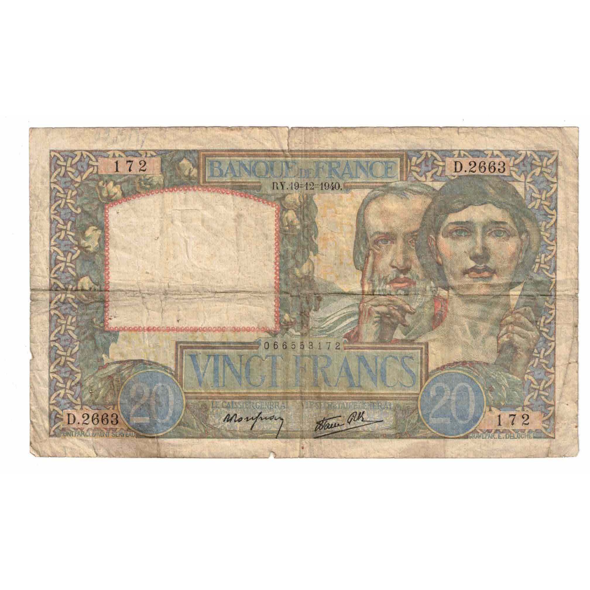 Frankreich, 20 Francs, Science et Travail, 1940, D.2663, SGE+, Fayette:12.11