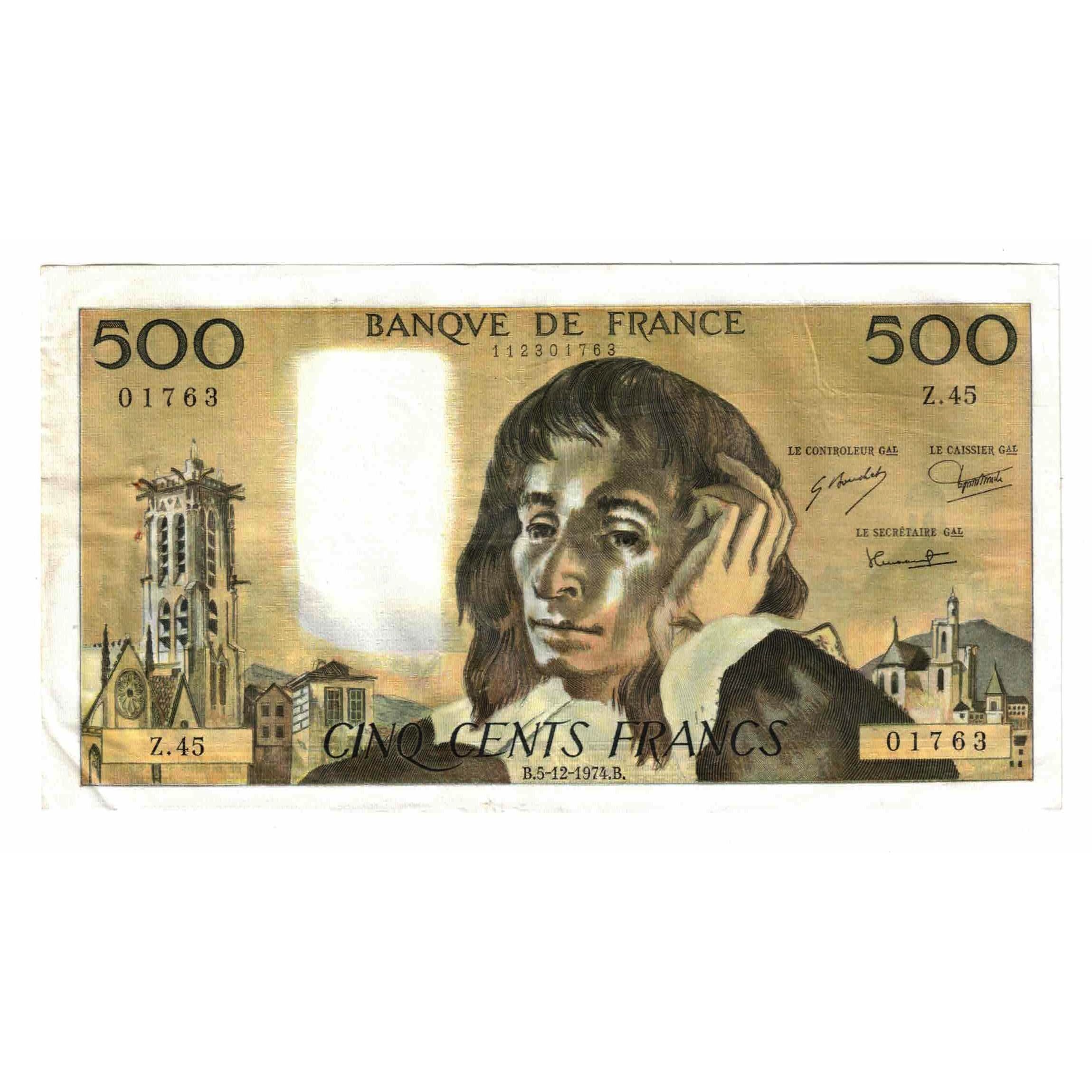 França, 500 Francs, Pascal, 1974, Z.45, AU(50-53), Fayette:71.12, KM:156c