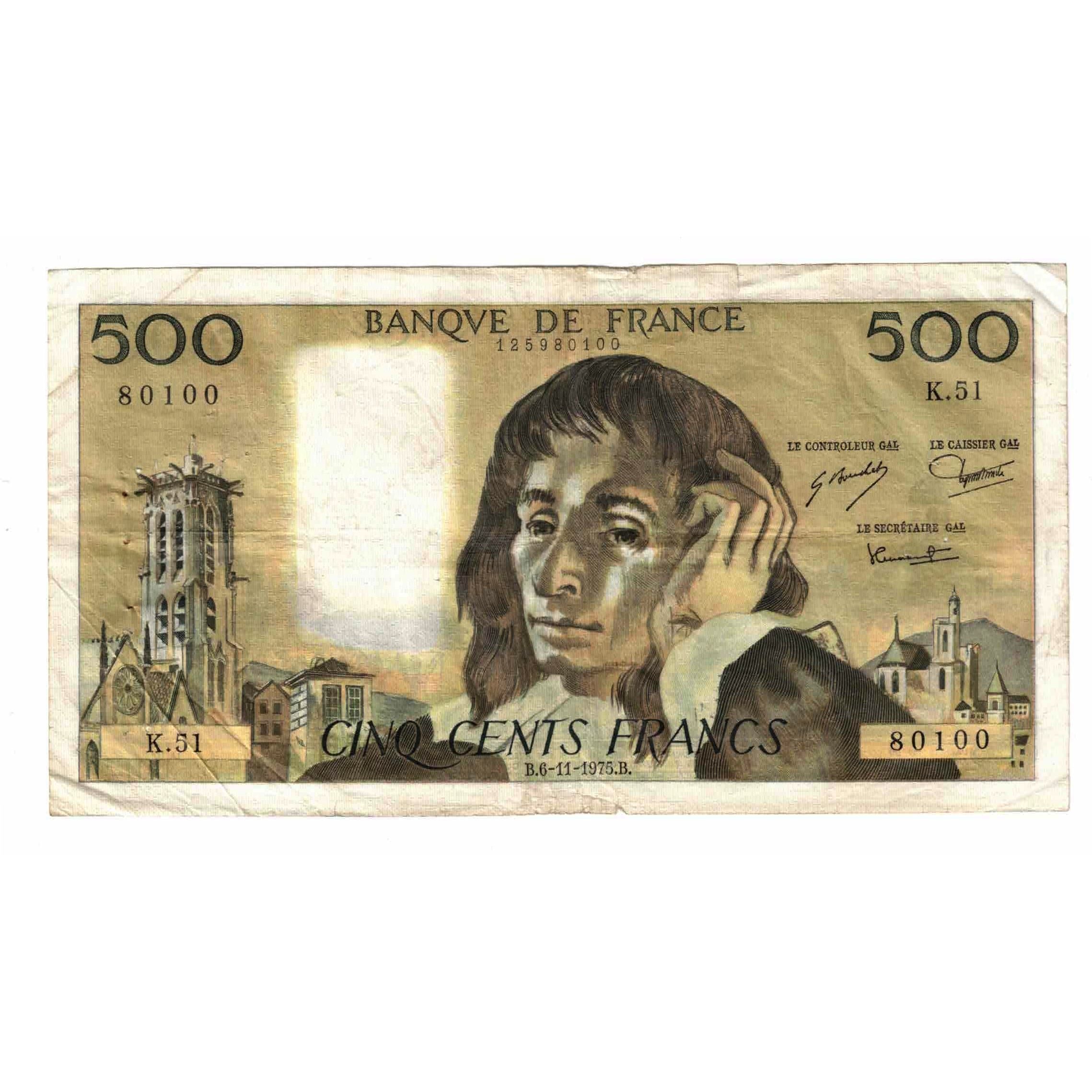 France, 500 Francs, Pascal, 1975, K.51, VF(20-25), Fayette:71.13, KM:156c