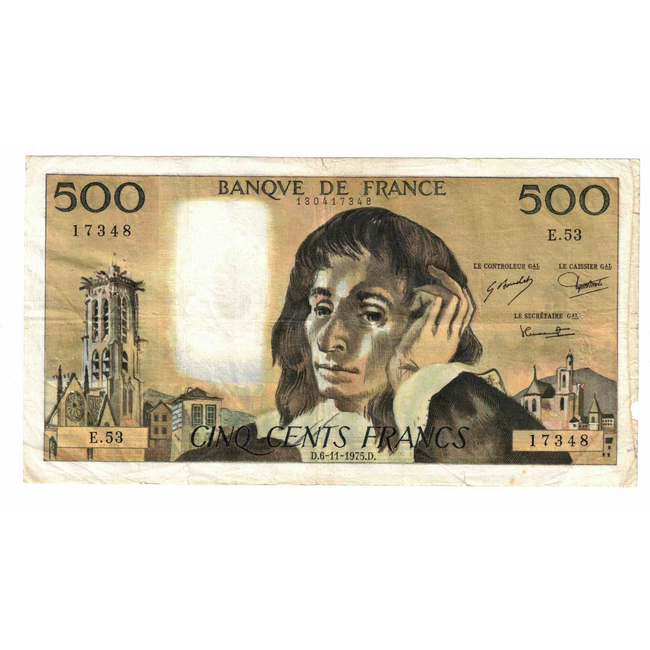 France, 500 Francs, Pascal, 1975, E.53, G(4-6), Fayette:71.13, KM:156c
