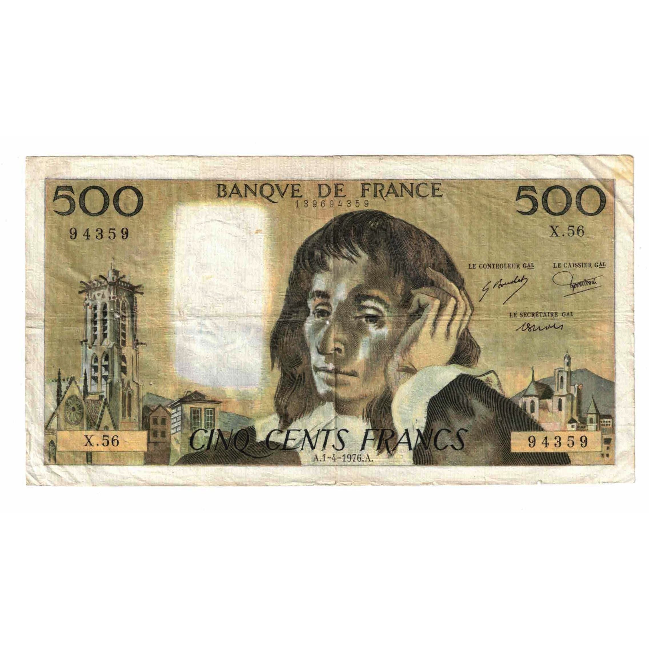 France, 500 Francs, Pascal, 1976, X.56, VF(20-25), Fayette:71.14, KM:156d