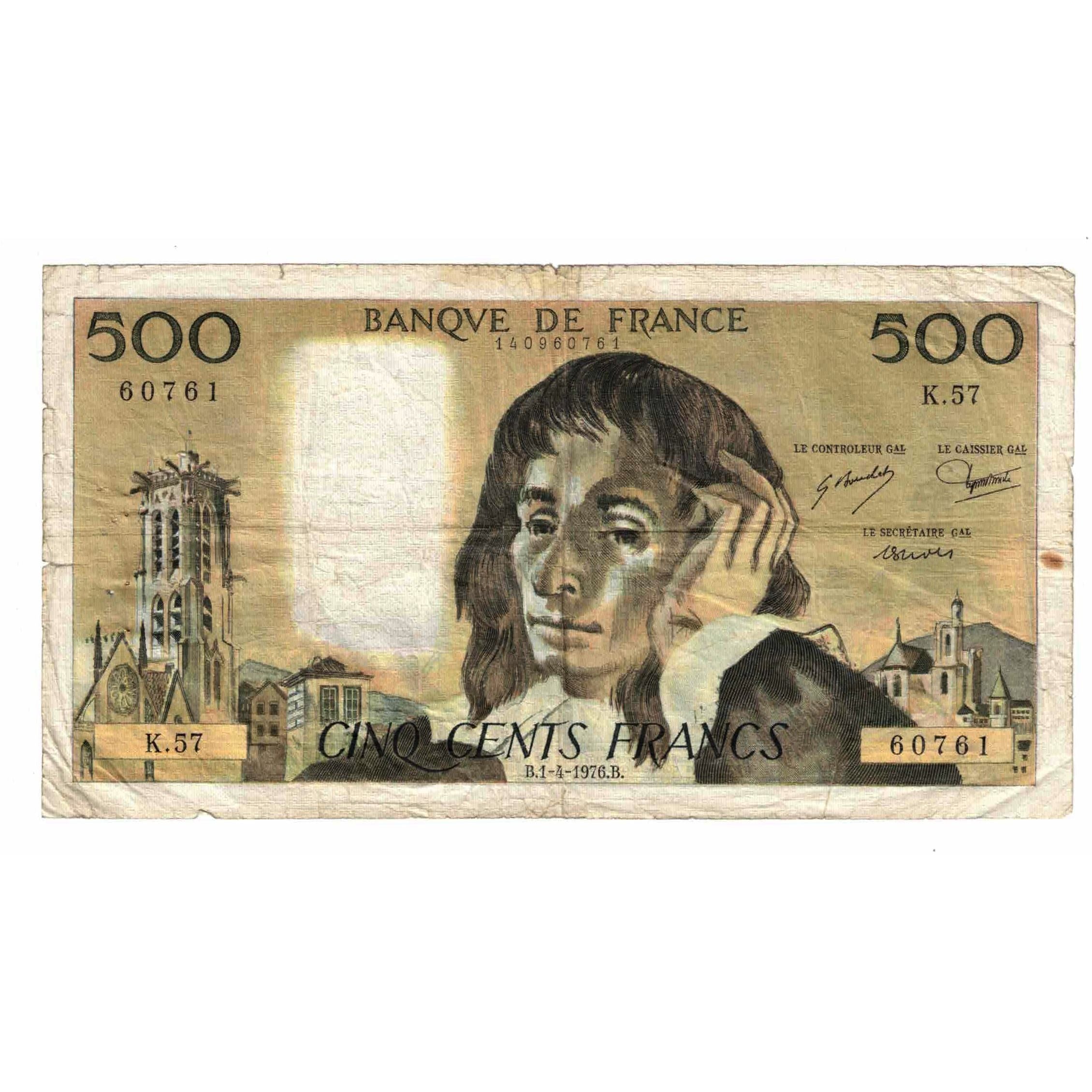 Francia, 500 Francs, Pascal, 1976, K.57, B+, Fayette:71.14, KM:156d