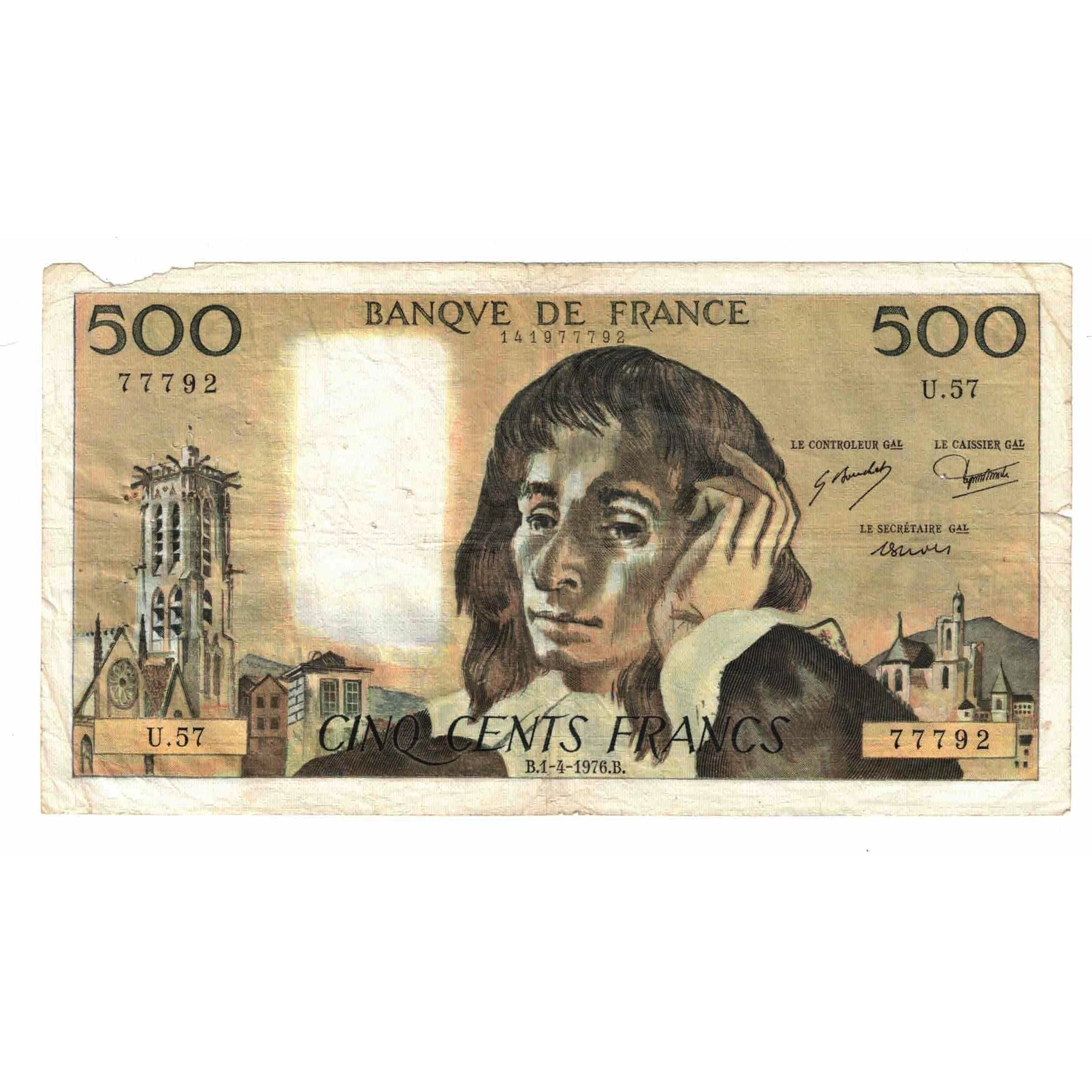 France, 500 Francs, Pascal, 1976, U.57, VG(8-10), Fayette:71.14, KM:156d