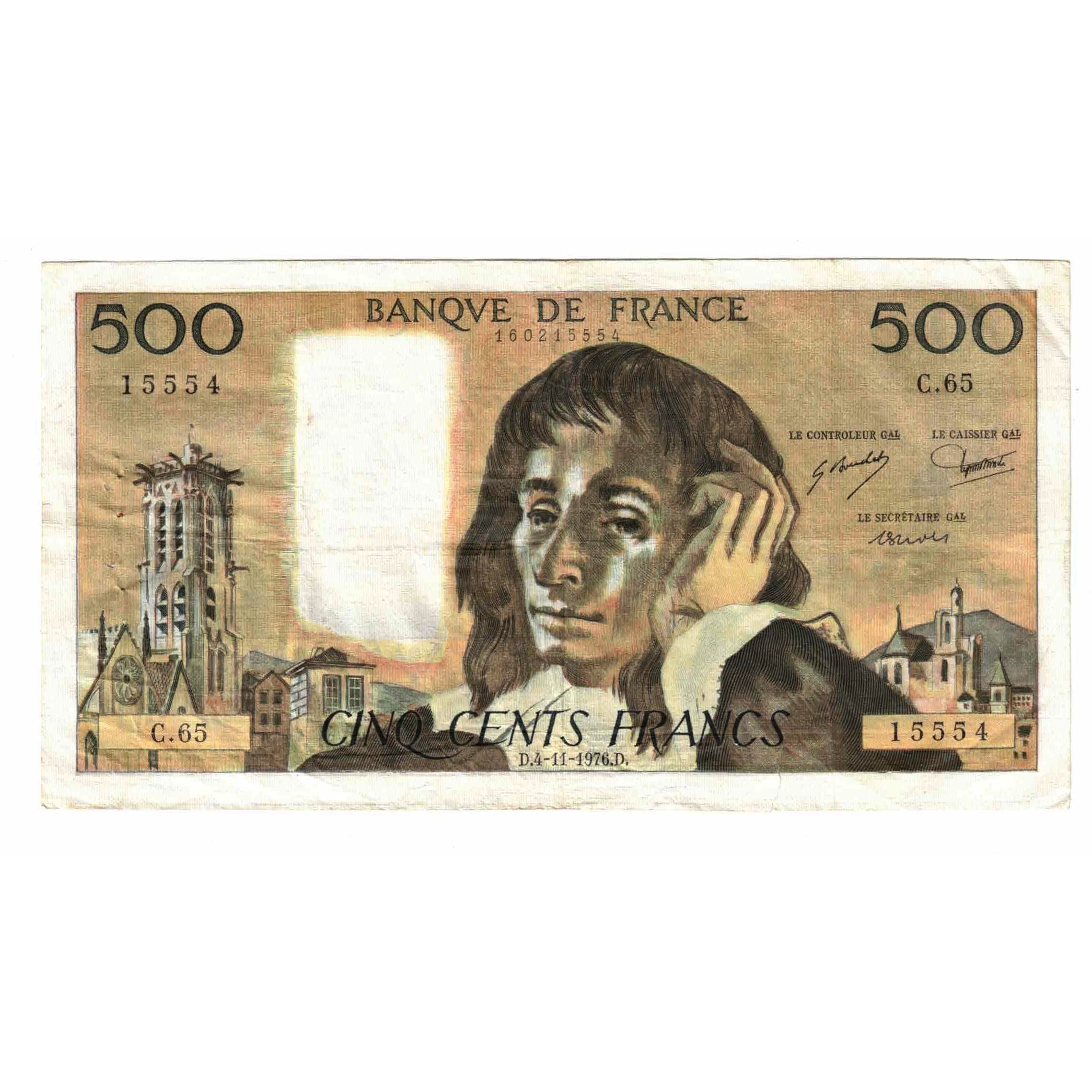 France, 500 Francs, Pascal, 1976, C.65, VF(20-25), Fayette:71.15, KM:156d