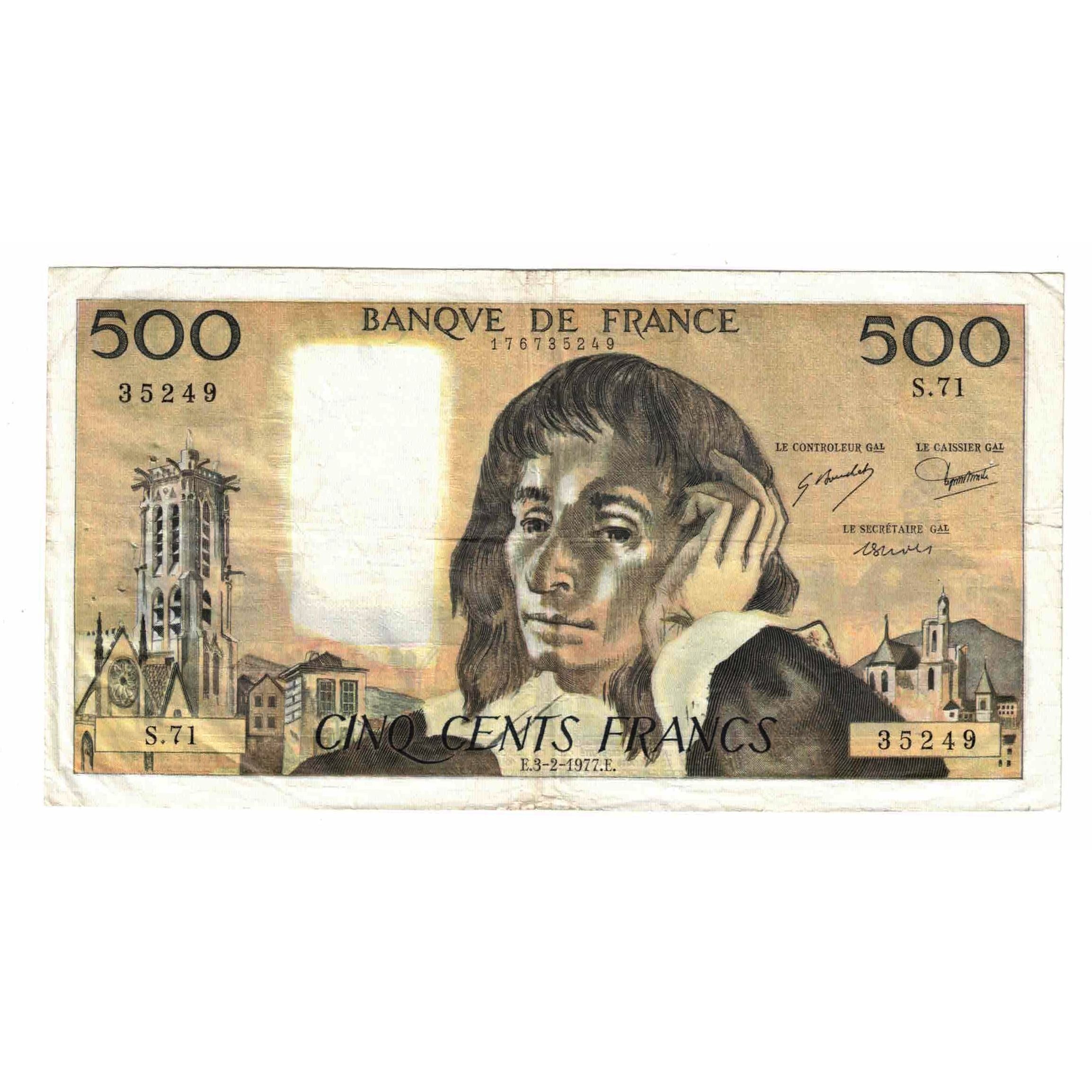 France, 500 Francs, Pascal, 1977, S.71, VF(20-25), Fayette:71.16, KM:156d