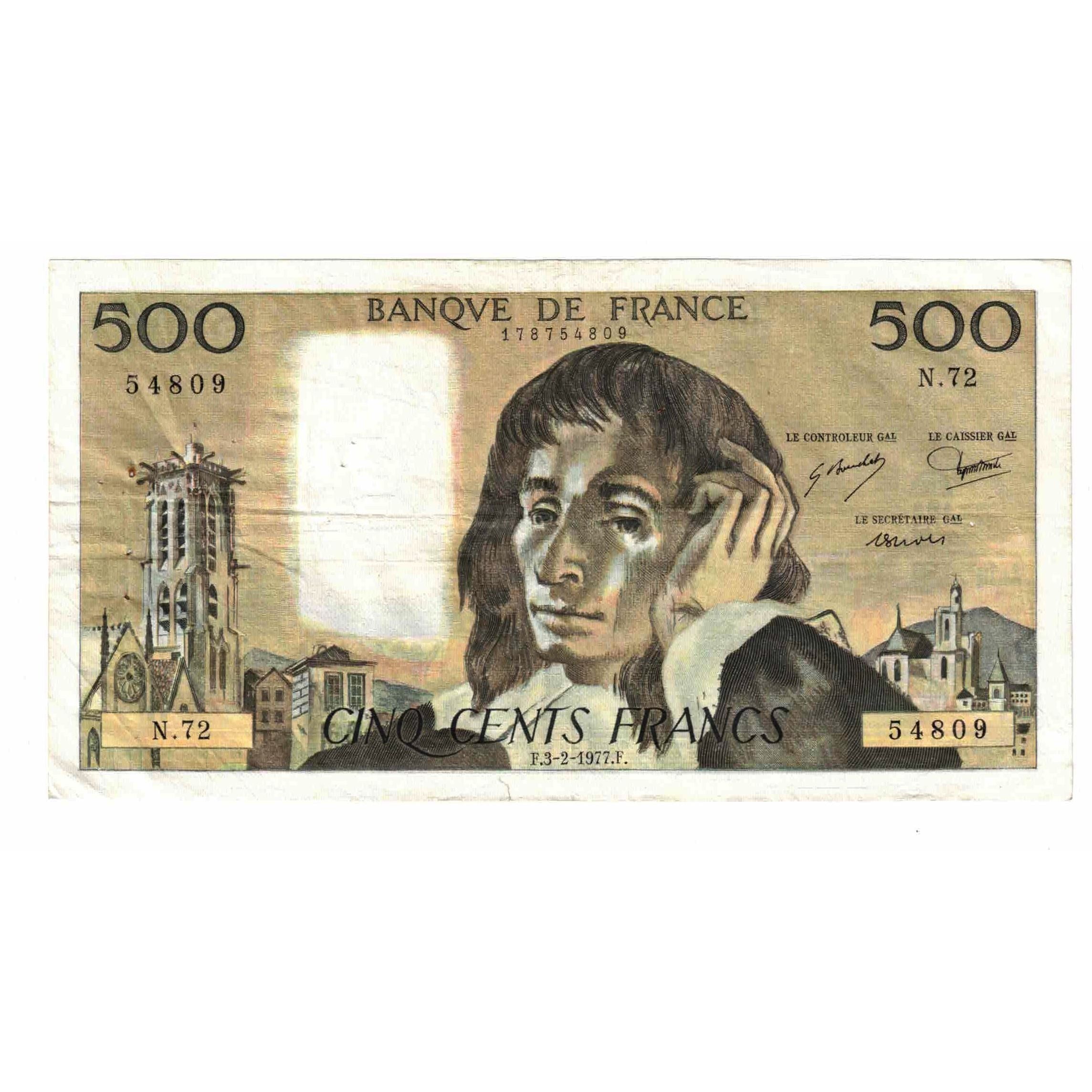 France, 500 Francs, Pascal, 1977, N.72, VF(20-25), Fayette:71.16, KM:156d